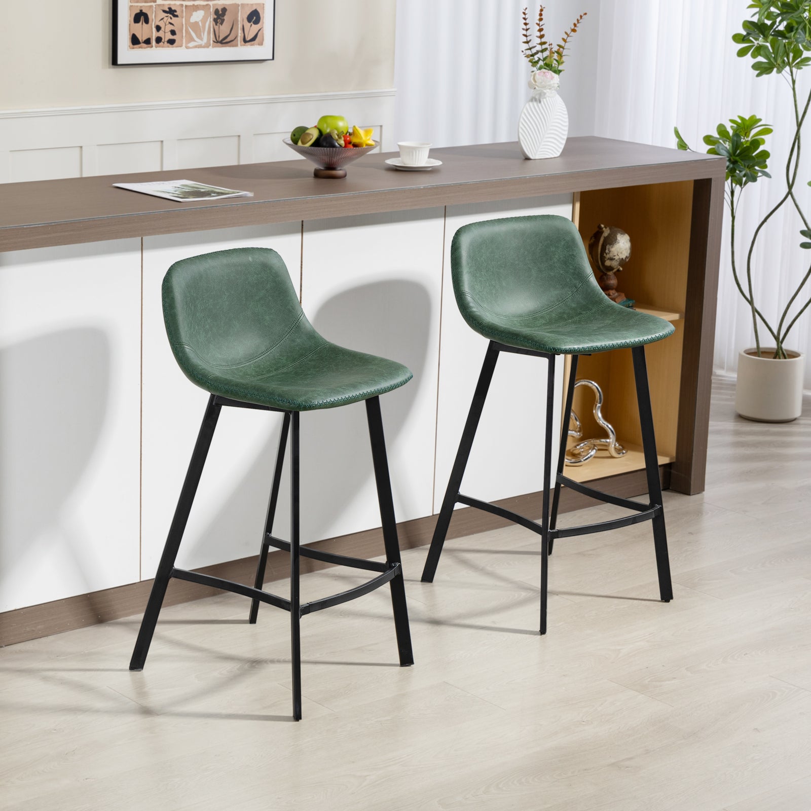 Bar Stools Set Of 2, Bar Chairs With Back And Steel Legs | Green