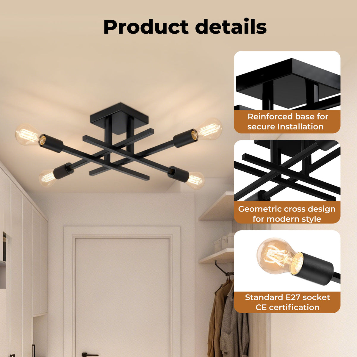 Emitto Semi Flush Mount Ceiling Light Fixture 4 Light E27 Socket