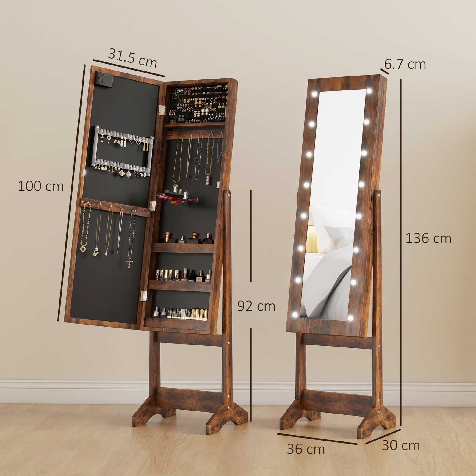 Freestanding Mirror Jewelry Cabinet With Led Lights | Brown