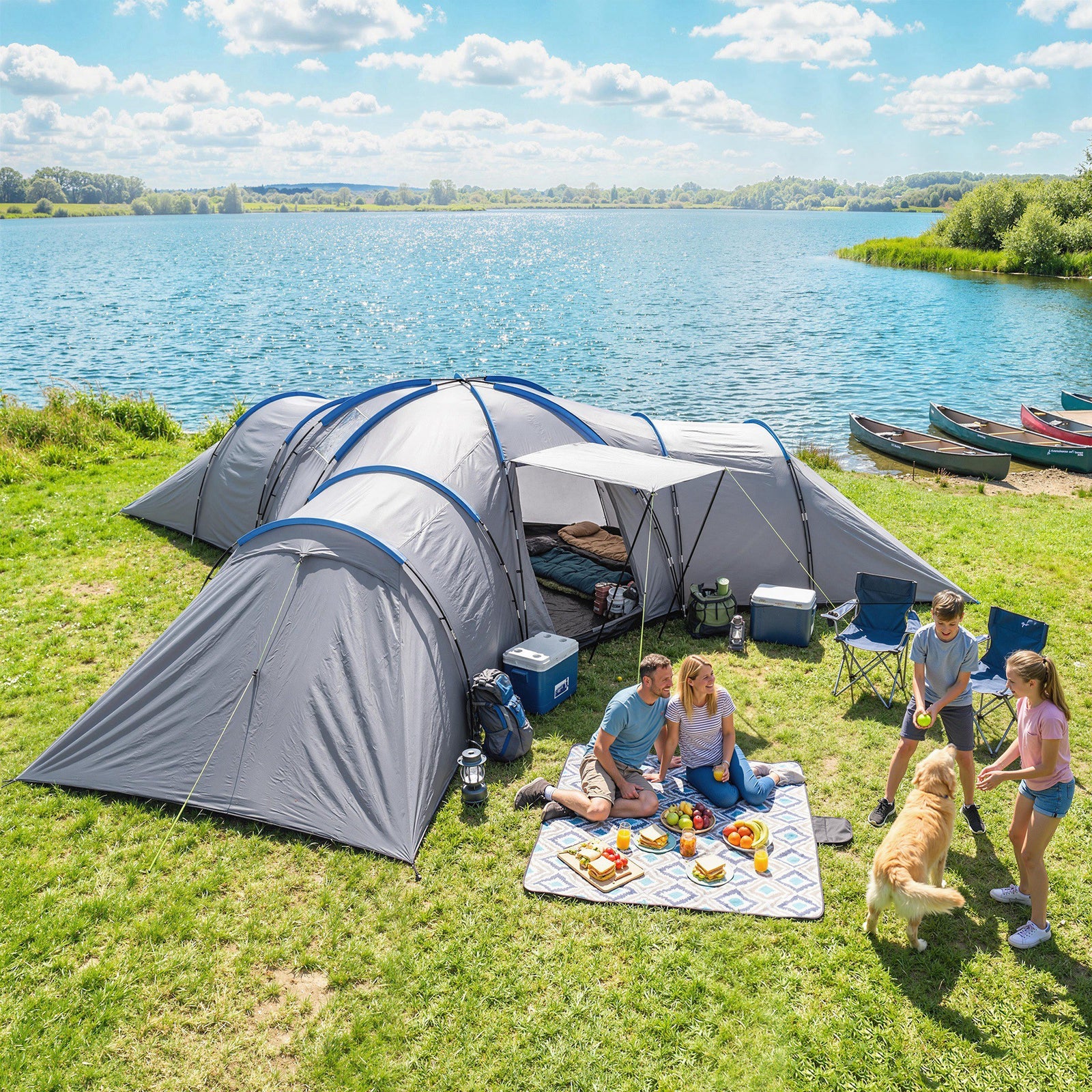 6-9 Man Large Tunnel Tent With 3 Bedrooms, Stand-up Camping Tent | Light Grey
