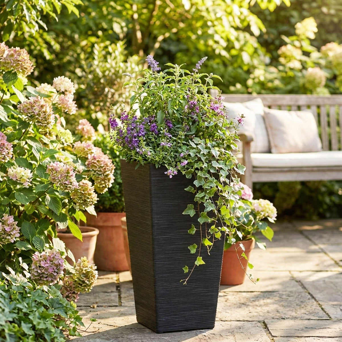 61cm Tall Textured Black Rubber Planters - Indoor Outdoor Planter | Set of 1