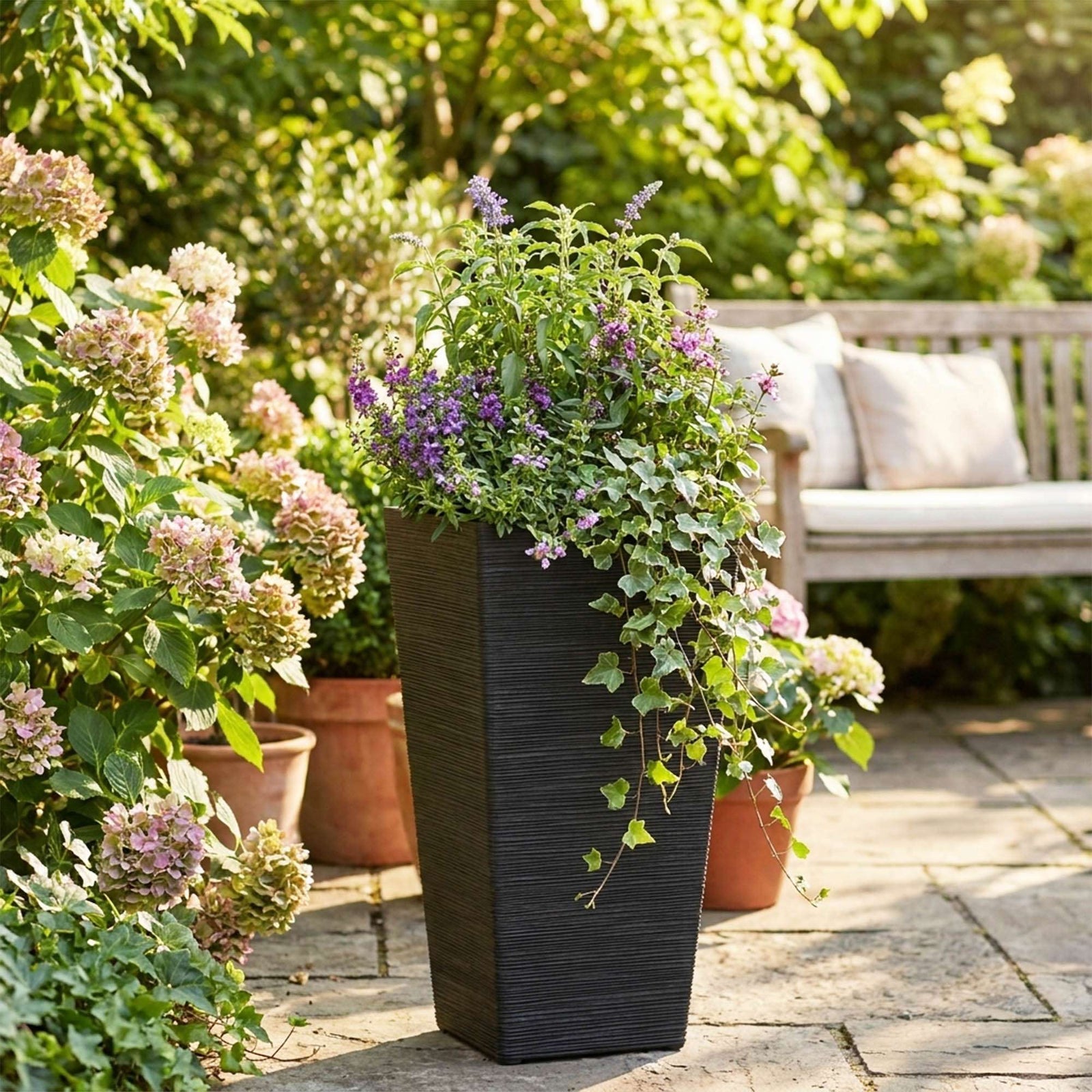 61cm Tall Textured Black Rubber Planters - Indoor Outdoor Planter | Set-of-2