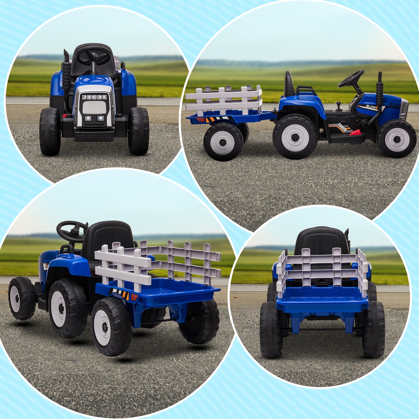 Ride On Tractor With Detachable Trailer, Remote Control, Music | Blue