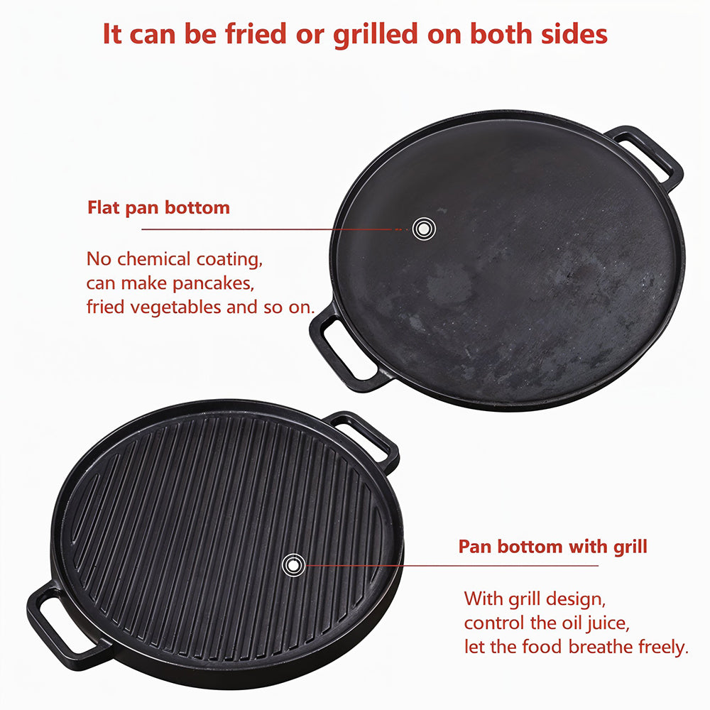 32.5cm Dia Pre-seasoned Double-sided Round Cast Iron Grill Pan