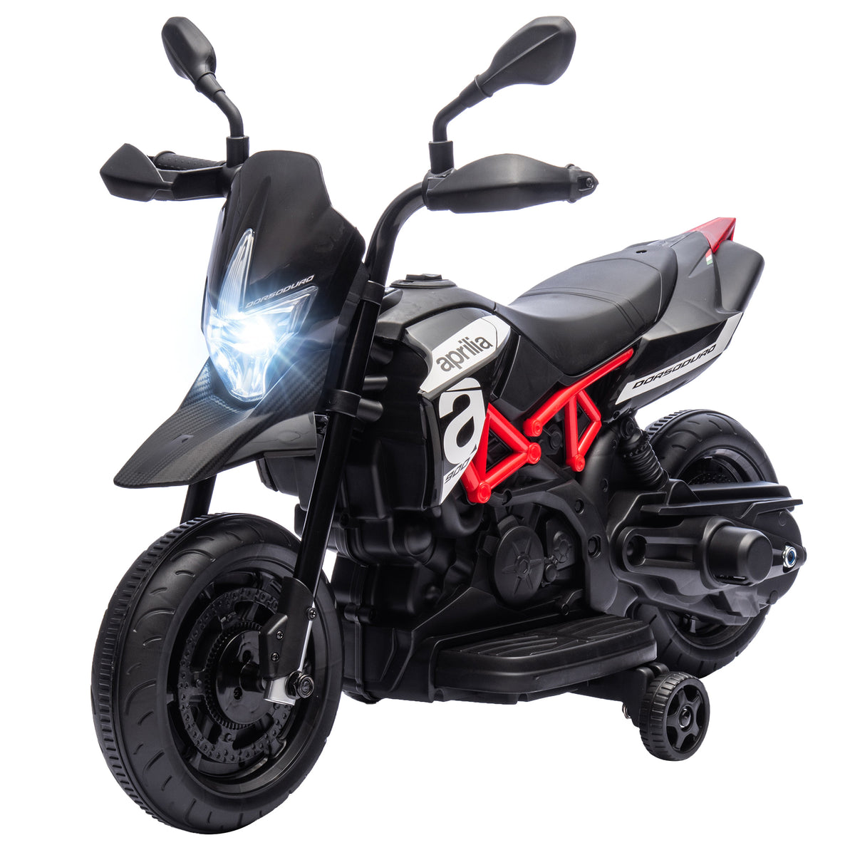 6v Kids Electric Motorbike With Training Wheels, Headlight, Black