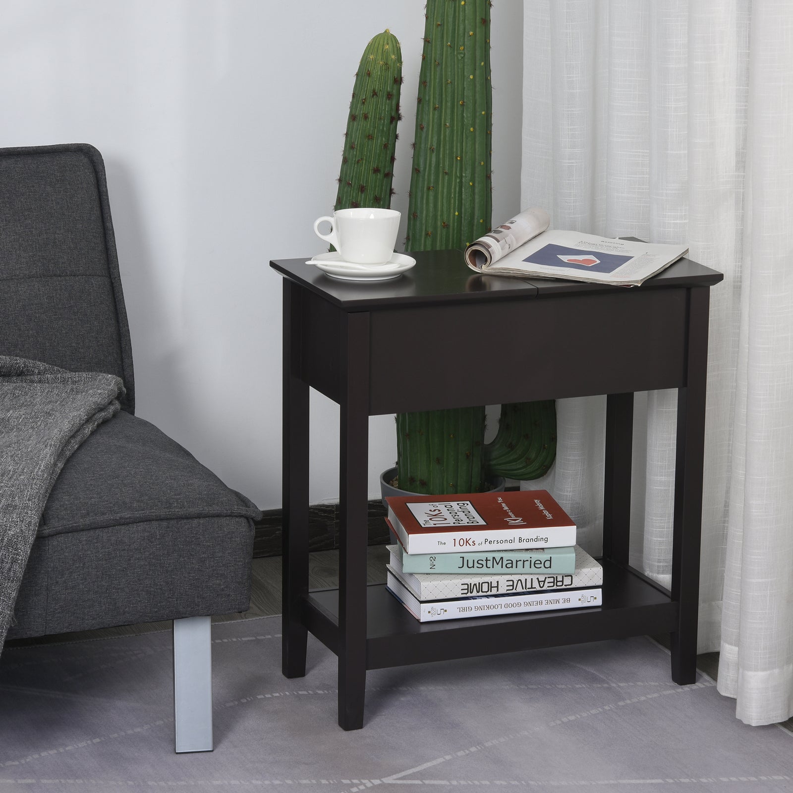 HOMCOM End Table, Narrow Side Table With Flip Top, Bottom Shelf