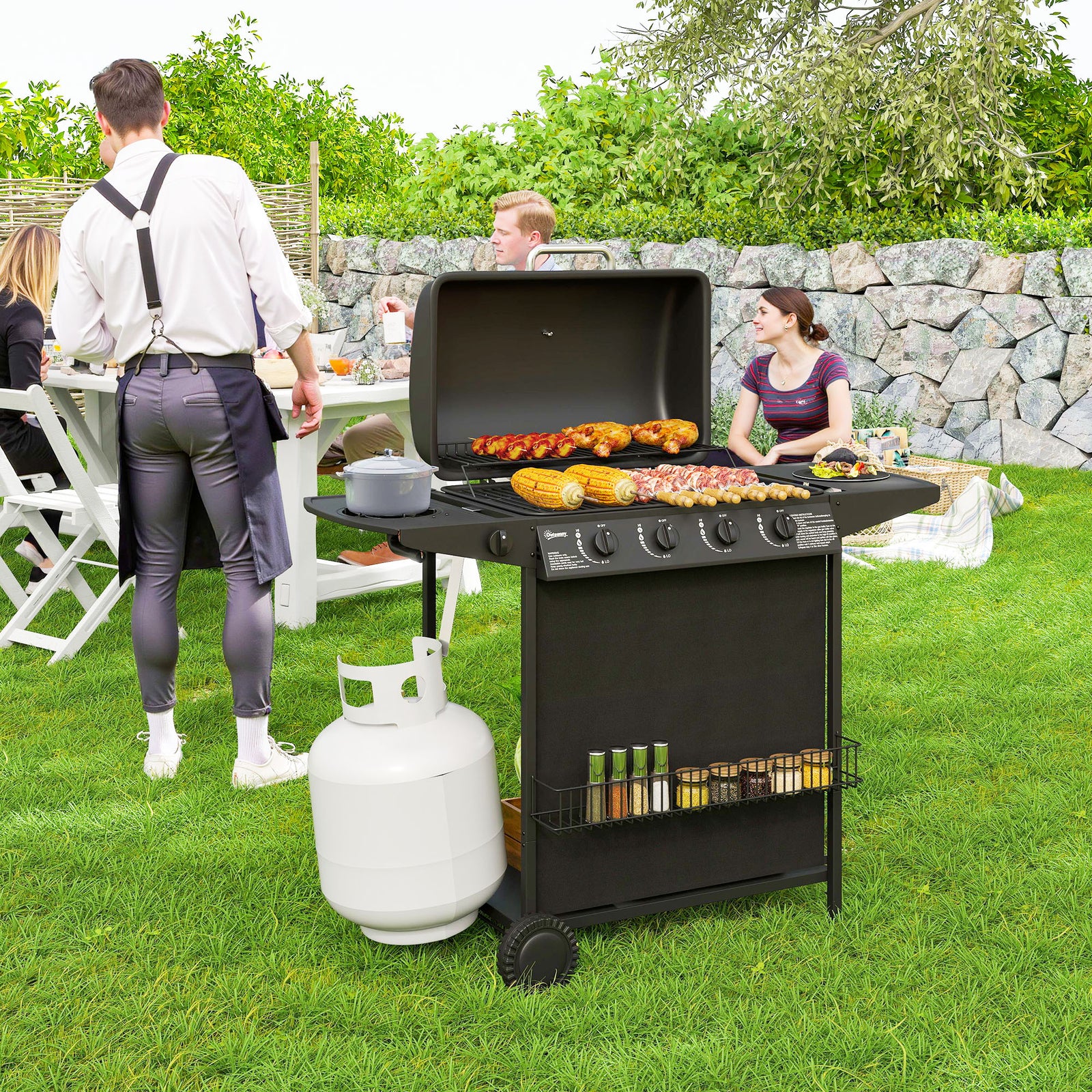 Outsunny 4+1 Burner Gas Bbq With Side Table