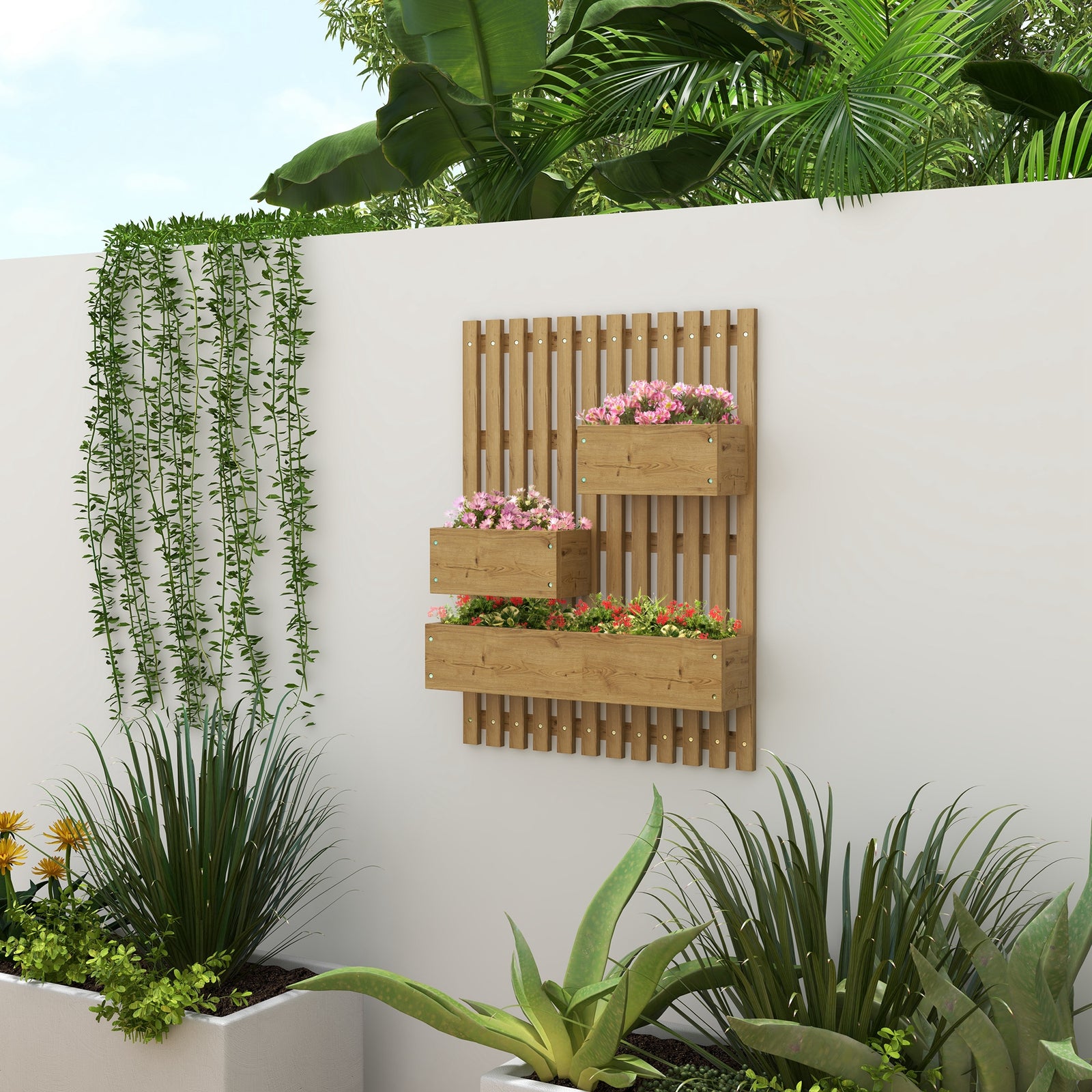 Wall-mounted Planter With Trellis And 3 Boxes | Chocolate