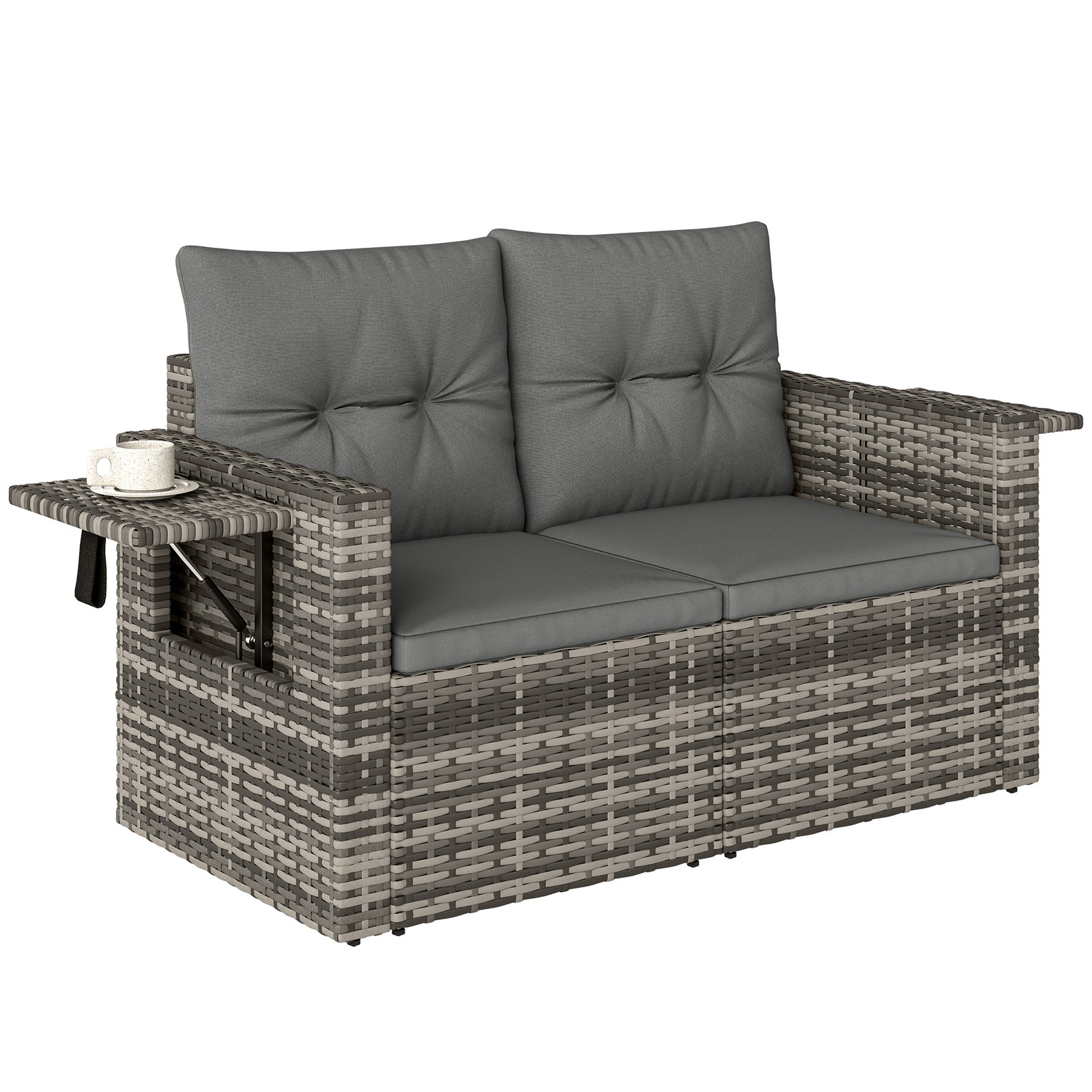 Rattan Garden Sofa With Hidden Side Trays 2 Seater, Dark Grey