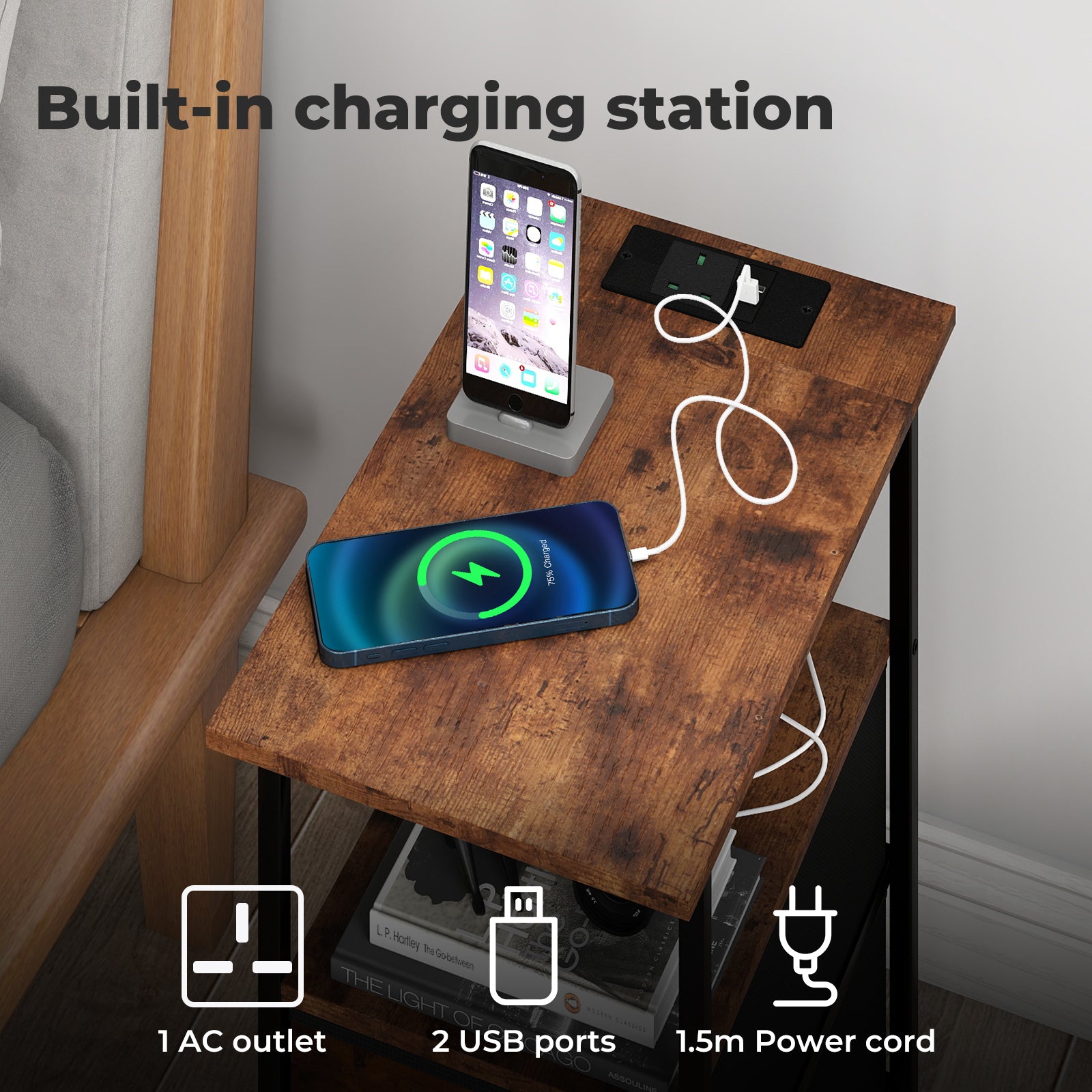 Bedside Table Side Cabinet Storage Nightstand Charging Station 2 Drawers | Brown