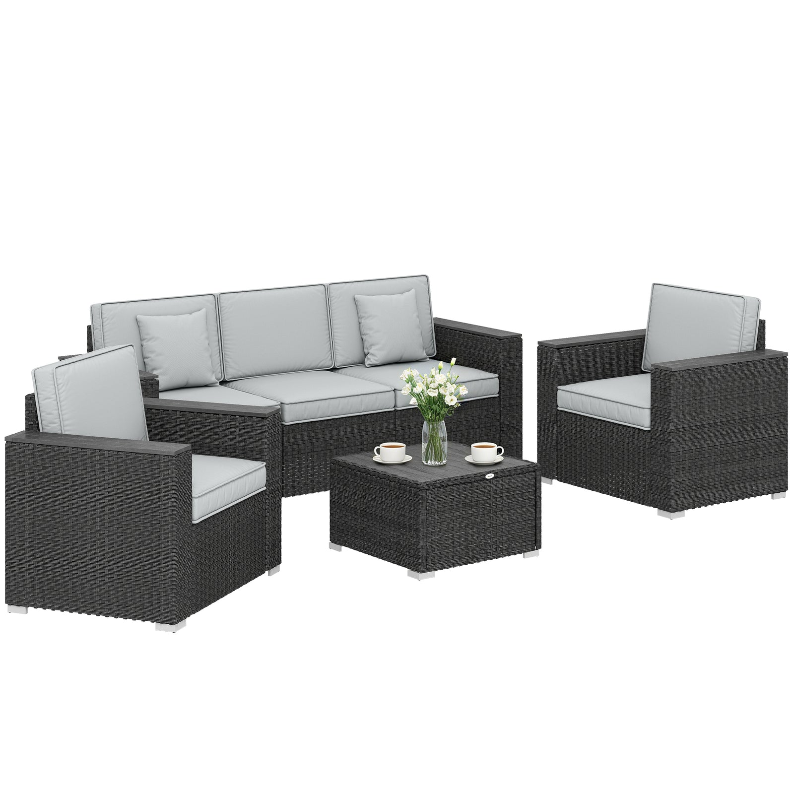 Rattan Garden Furniture Set With Wide Armrests, Cushions, Dark Grey