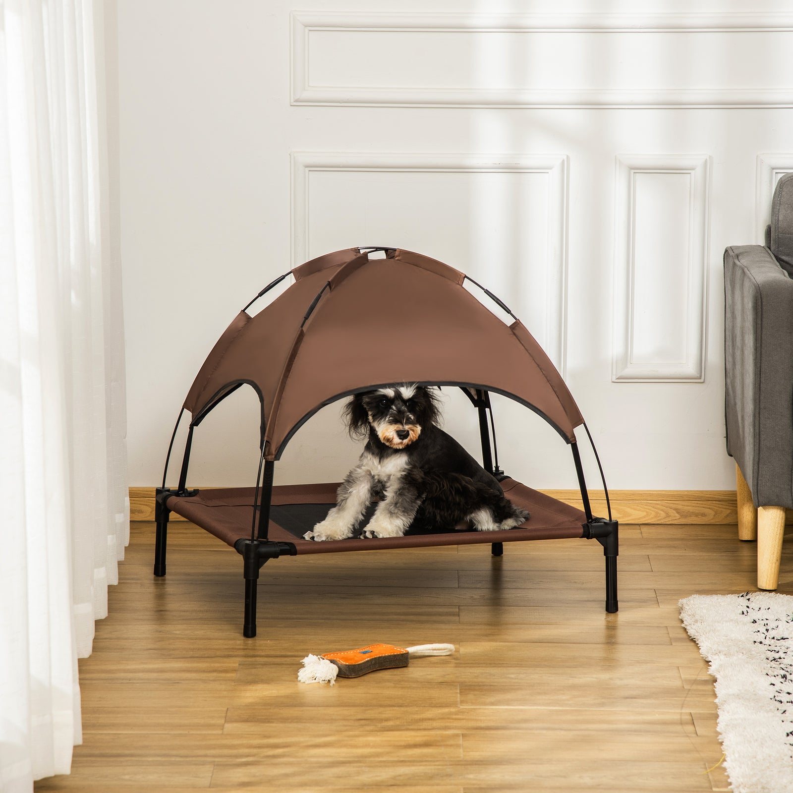 Pawhut 76cm Elevated Dog Bed Cooling Raised Pet Cot Uv Protection Canopy | Brown