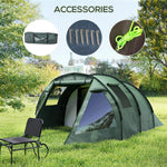 3-4 Persons Tunnel Tent, Two Room Camping Tent W/ Windows | Green