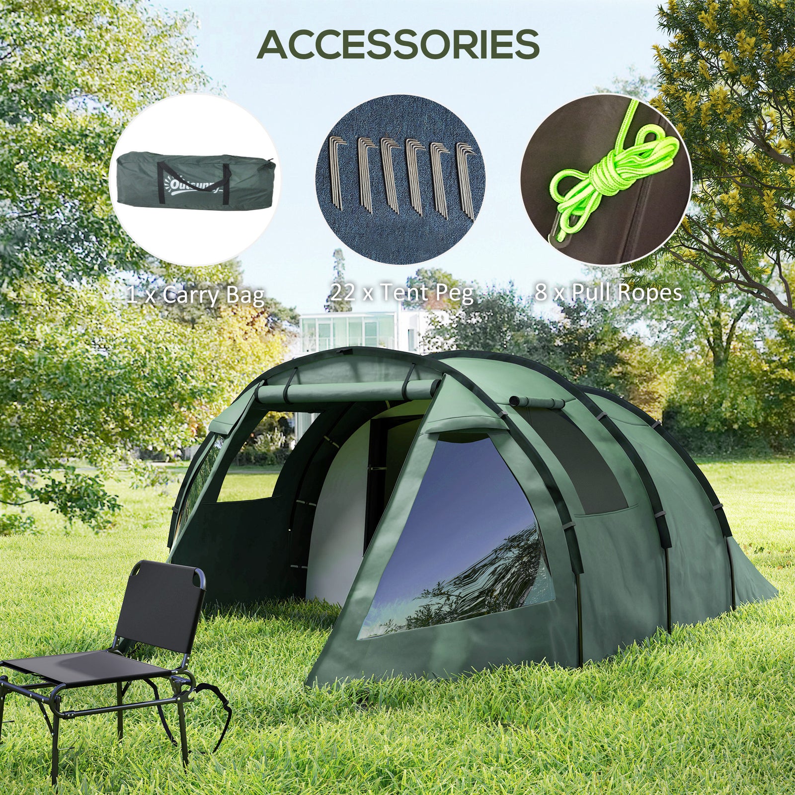 3-4 Persons Tunnel Tent, Two Room Camping Tent W/ Windows | Green