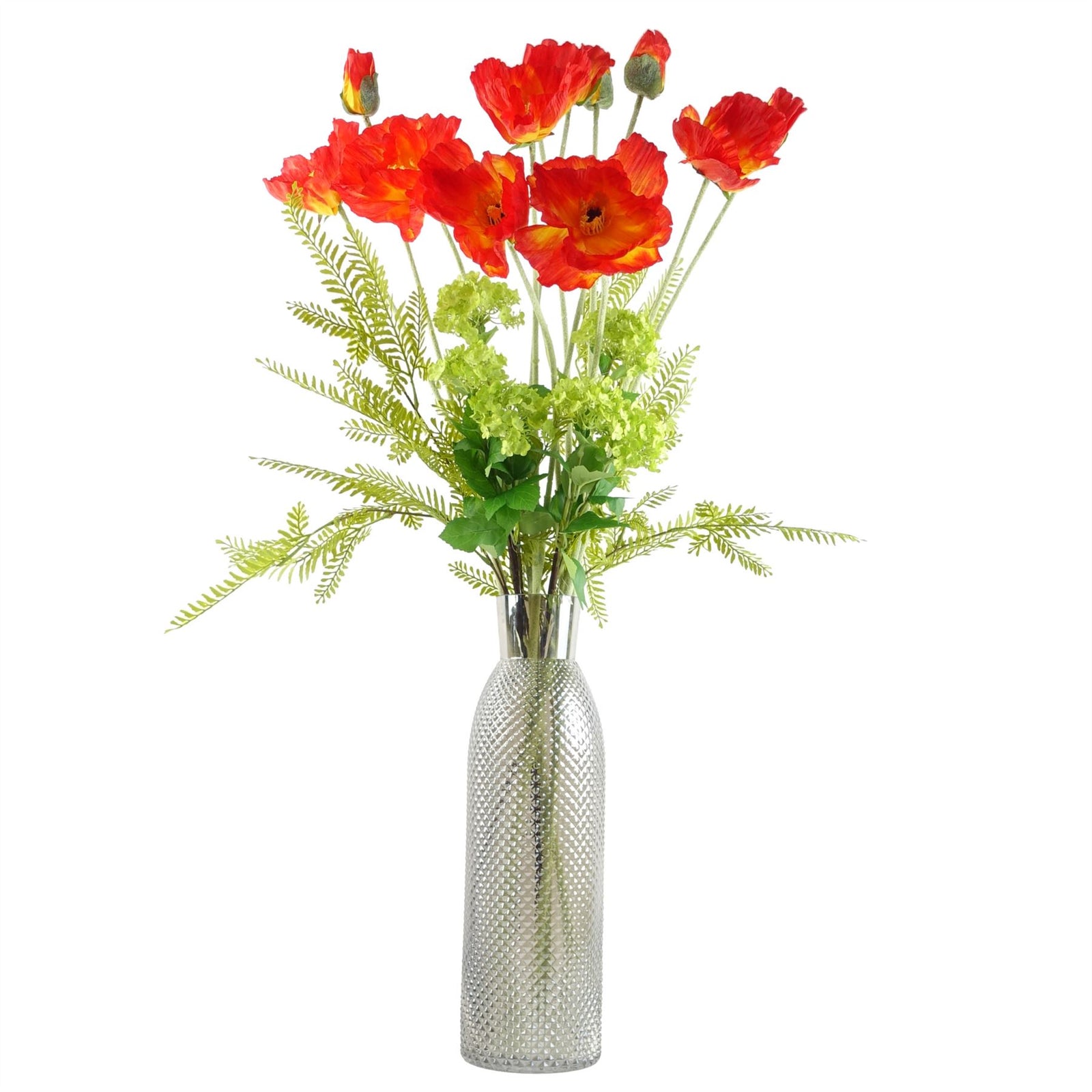 100cm Artificial Red Poppy And Fern Glass Vase