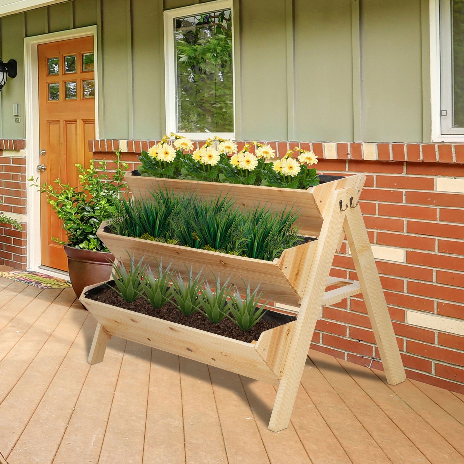 3 Tier Wooden Raised Bed With Hooks 120x48x80cm