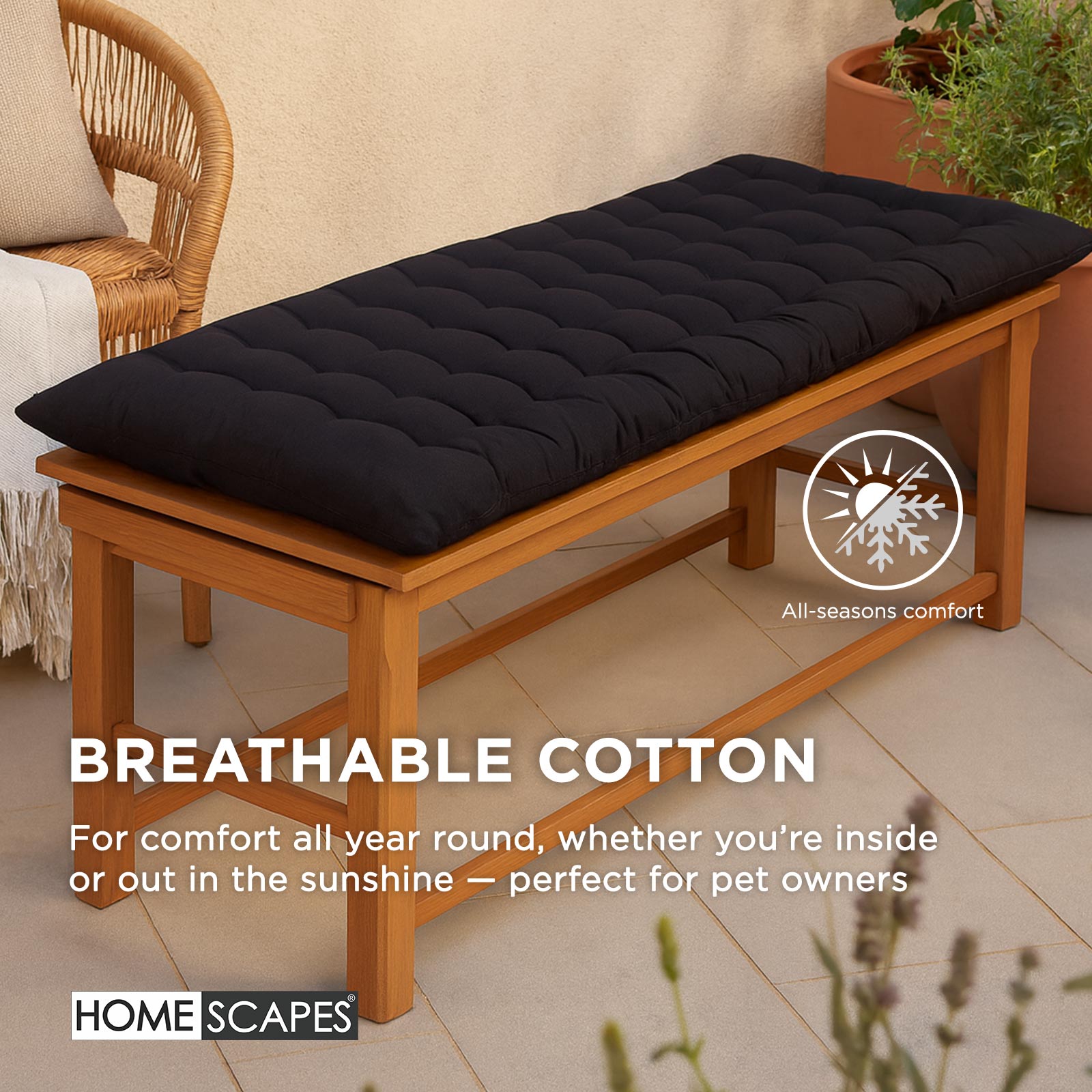 Outdoor Bench Cushion For 2 & 3 Seater Garden Seat Pad For Furniture, Kitchen, Dining & Indoor Use | 3 | Black