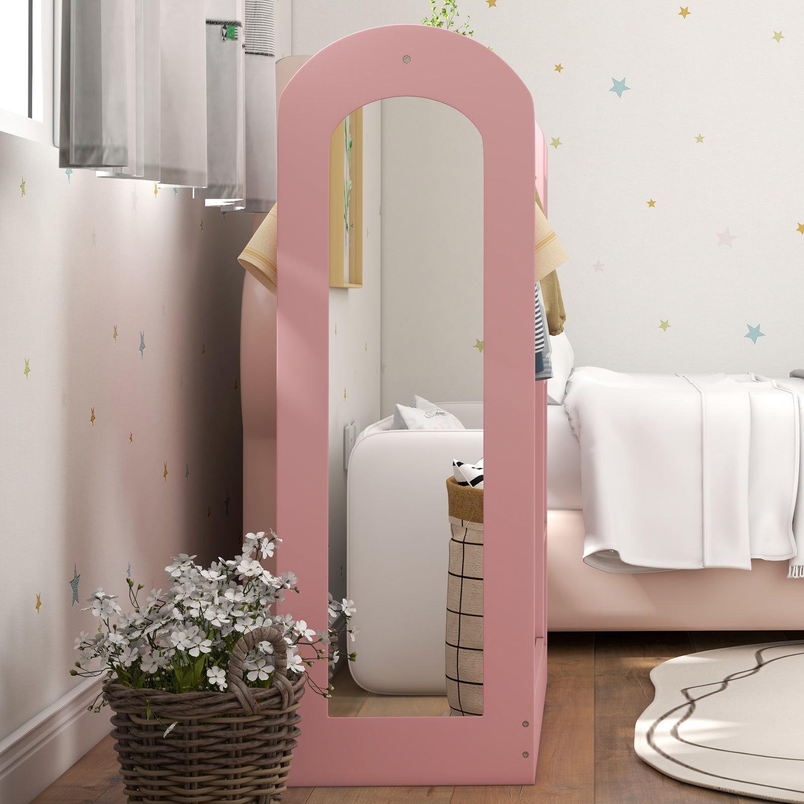 Kids Cloth Rail With Storage Shelf, Boxes, Mirror For Bedroom | Pink