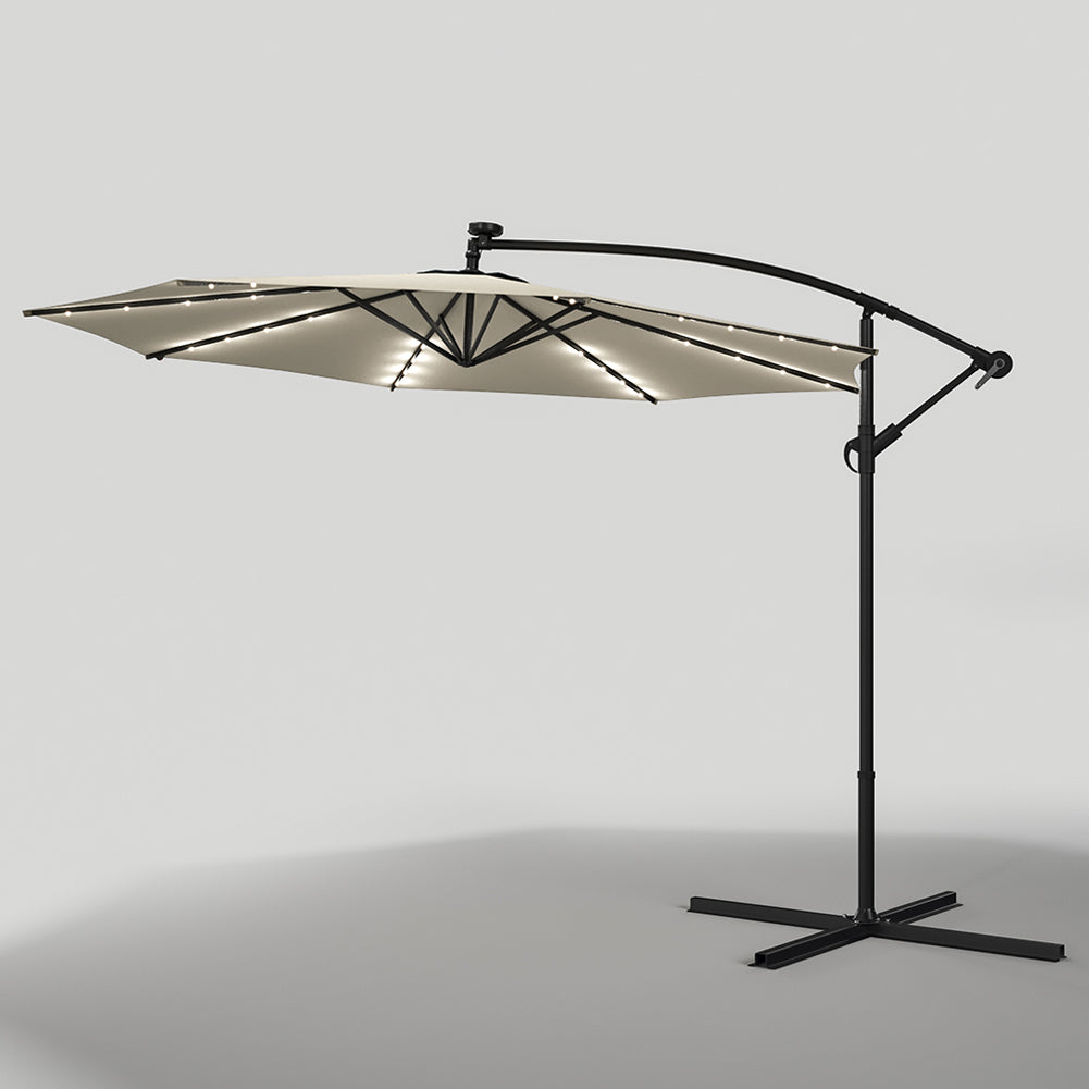 3 M Banana Patio Umbrella Cantilever Garden Parasol With Solar-powered 32 Led Lights, Crank For Opening Closing With Cross Base | One Size | Beige