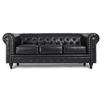 Button Tufted Faux Leather Living Room Sofa - 3 Seater | Black