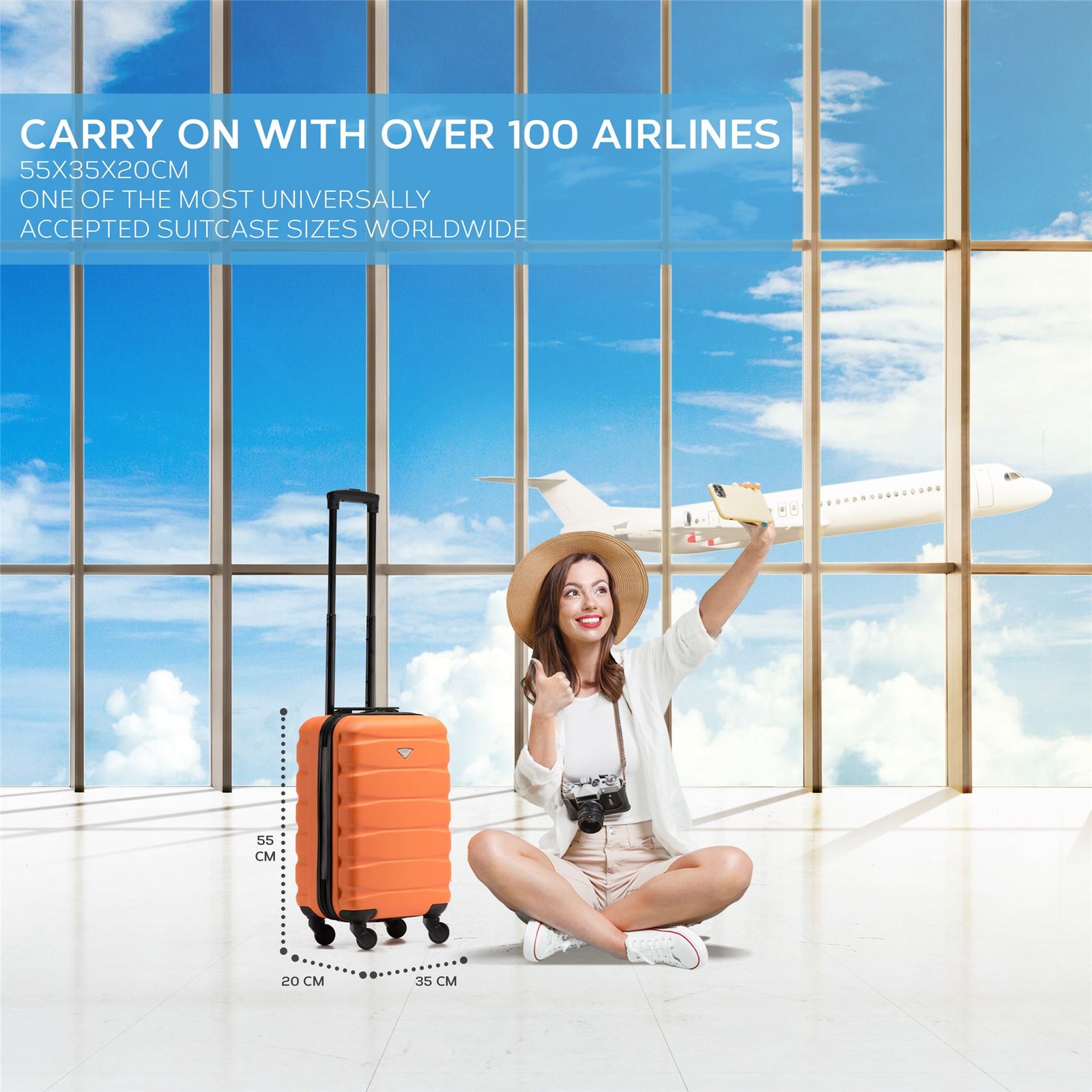 55x35x20cm Cabin Carry On Suitcase Hard Shell Overhead Luggage 100+ Airlines Approved | Cabin | Orange & Black