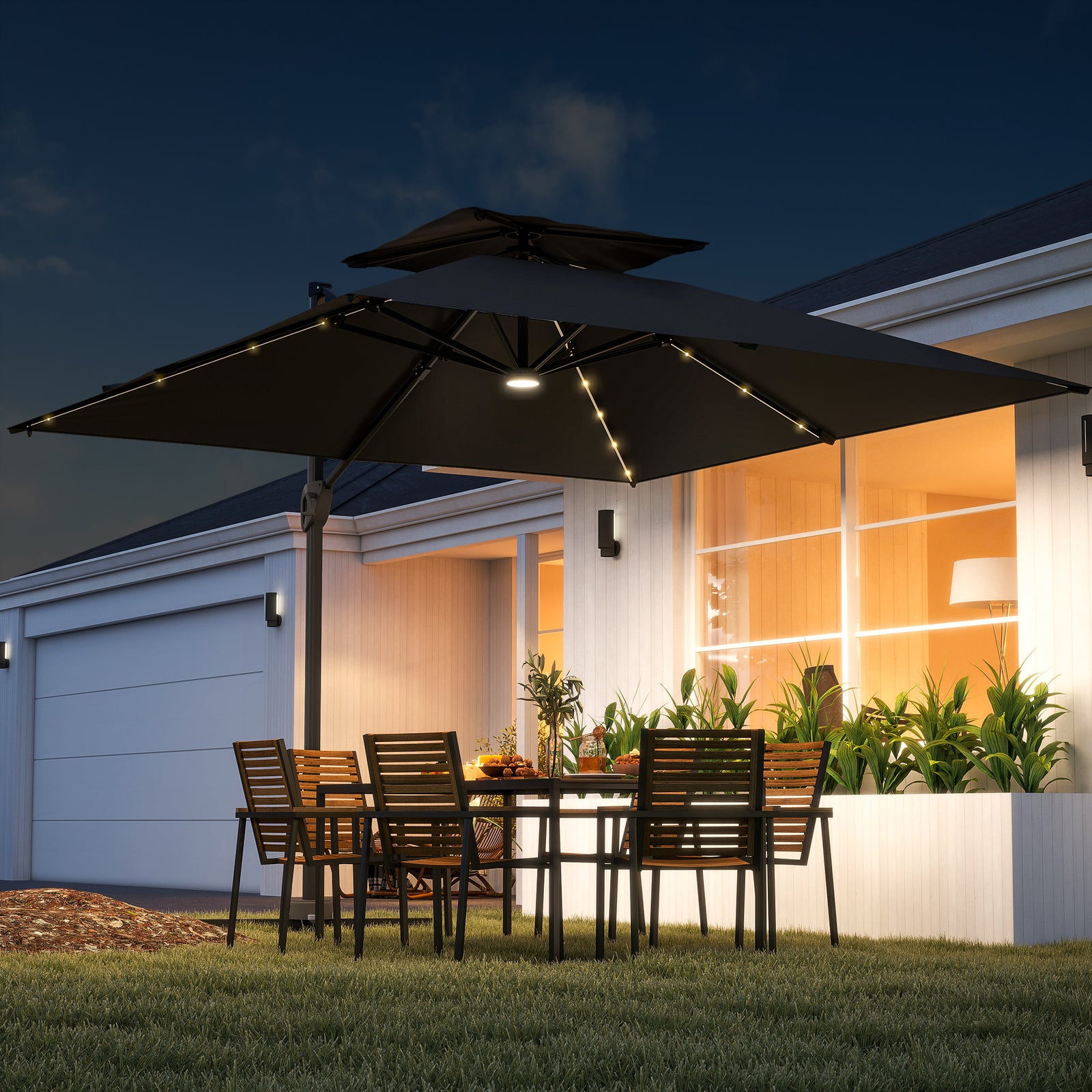 3.5x3m Cantilever Parasol, Solar Led Lights | Black