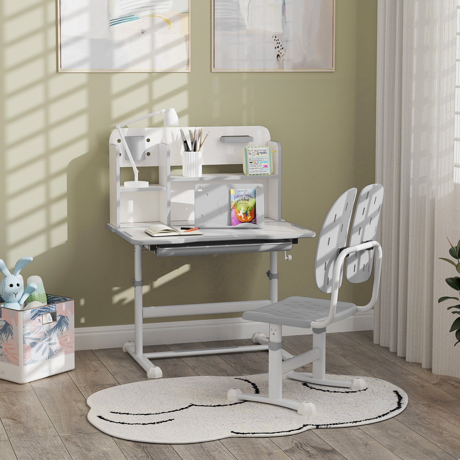 Kids Desk And Chair Set W/ Tiltable Desktop Reading Rack | Grey