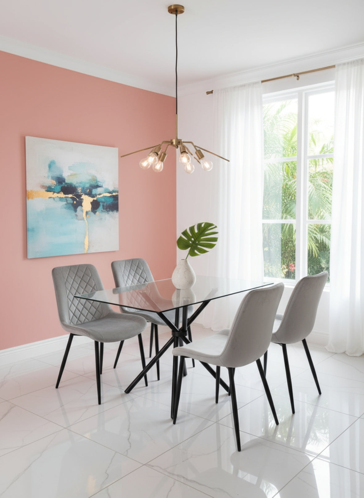 Stylish Miami Dining Table Set With 4 Velvet Amelia Chairs | Grey