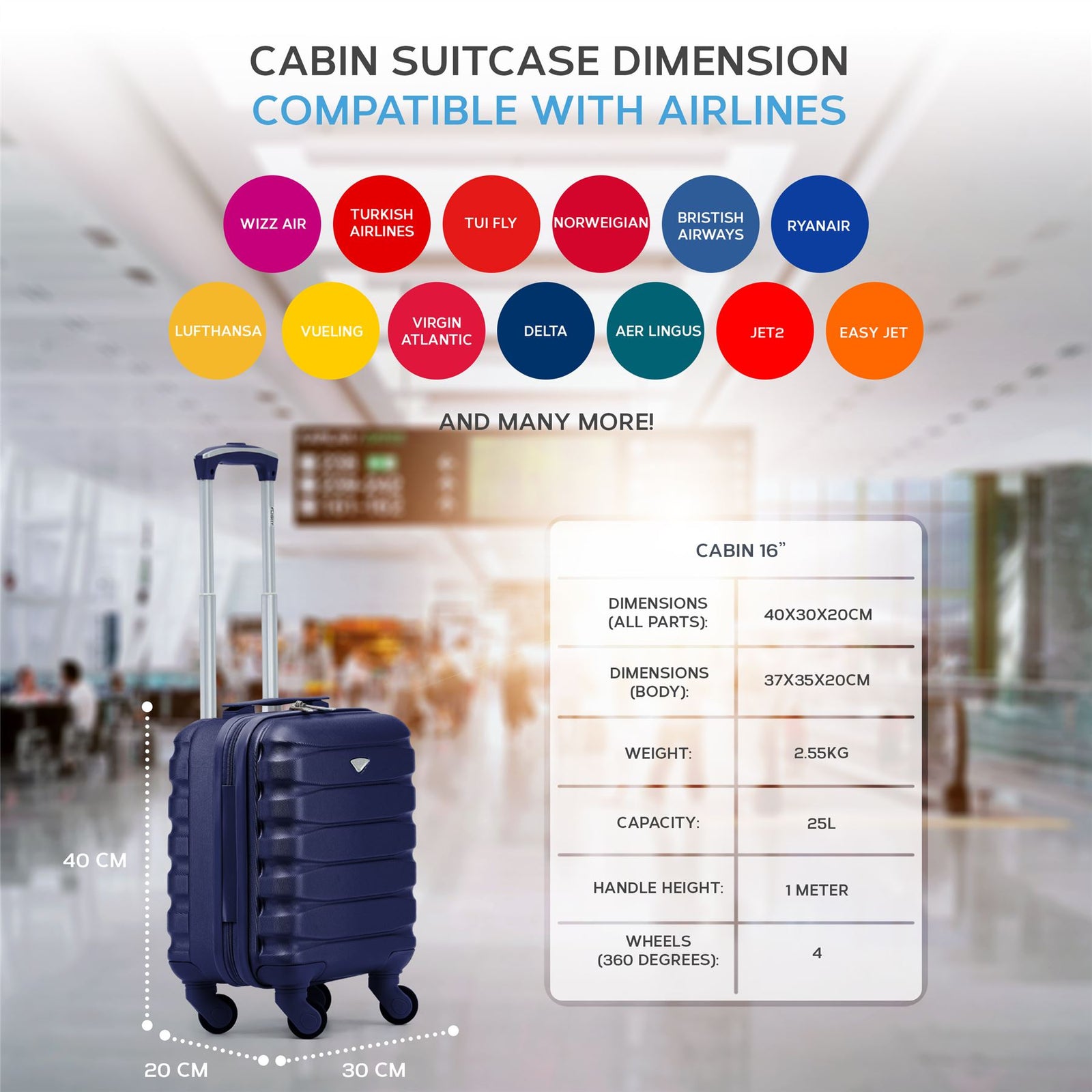 40x30x20cm Cabin Carry-on Suitcase - Lightweight, Durable, 4-wheel Luggage - 100+ Airlines Approved | Cabin | Navy Blue
