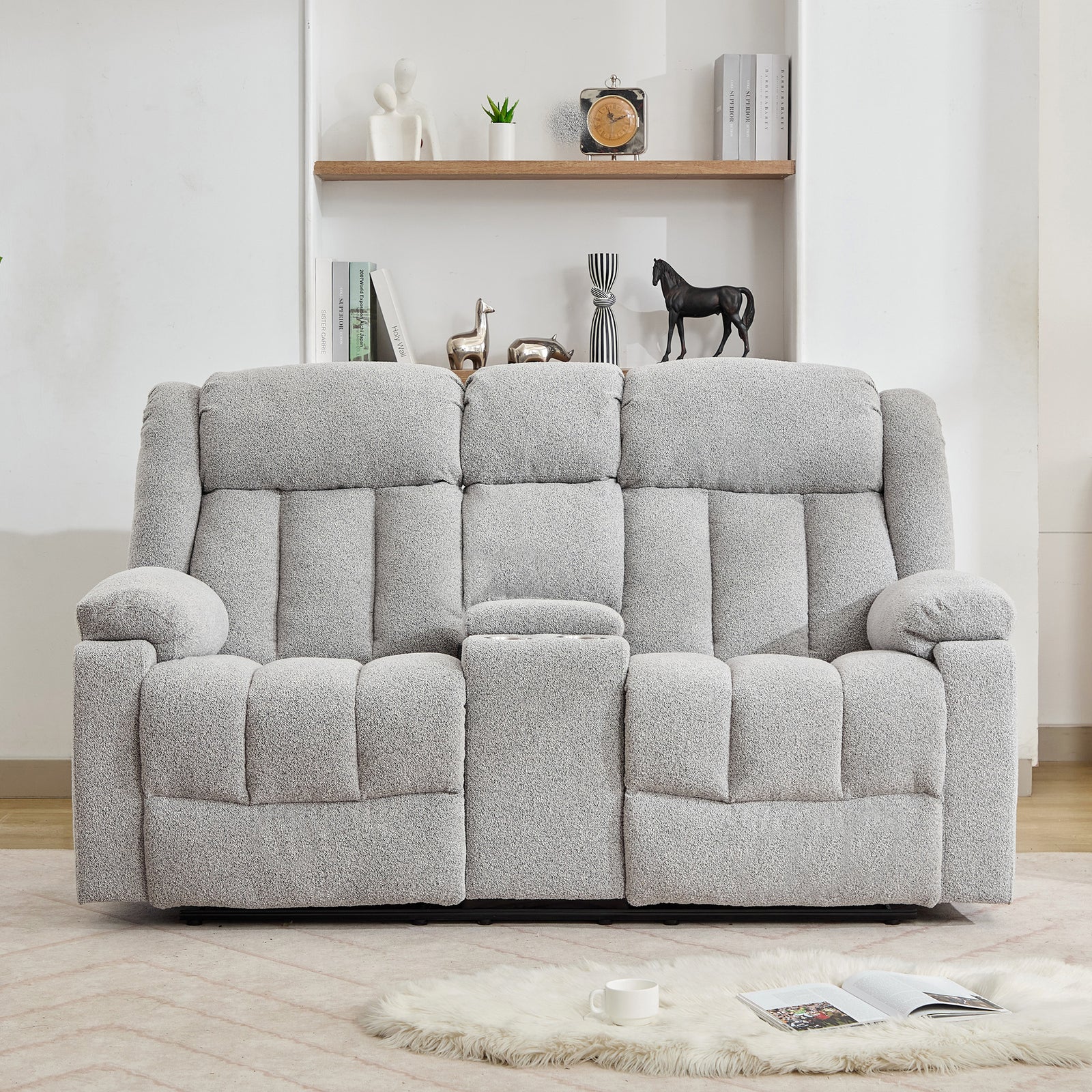 Lovell 2 Seat Manual Recliner Sofa With Central Console | Light Grey