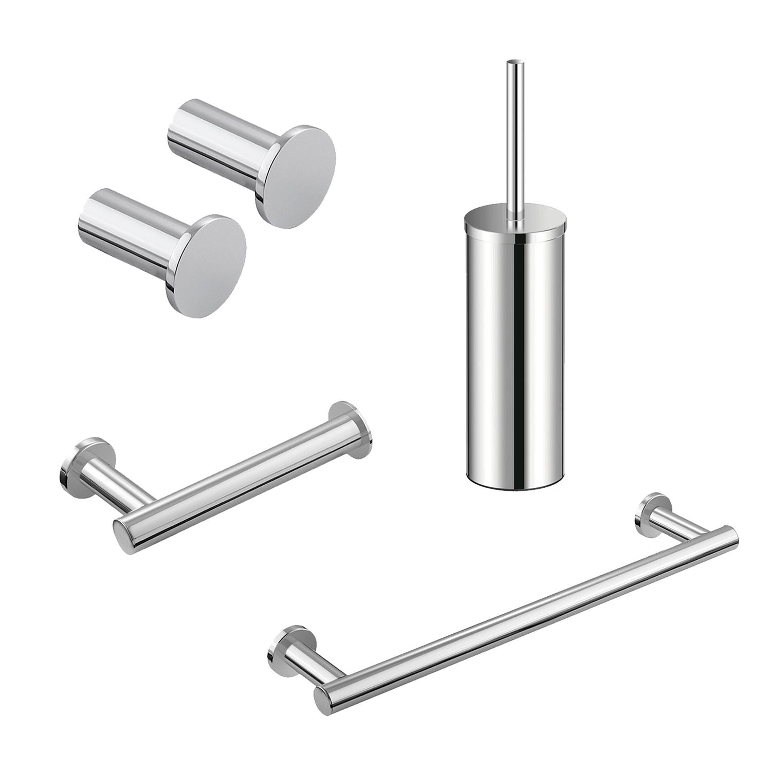 Bathroom Accessory Set Silver 5 Pcs Hooks Rail Toilet Brush& Paper Holder