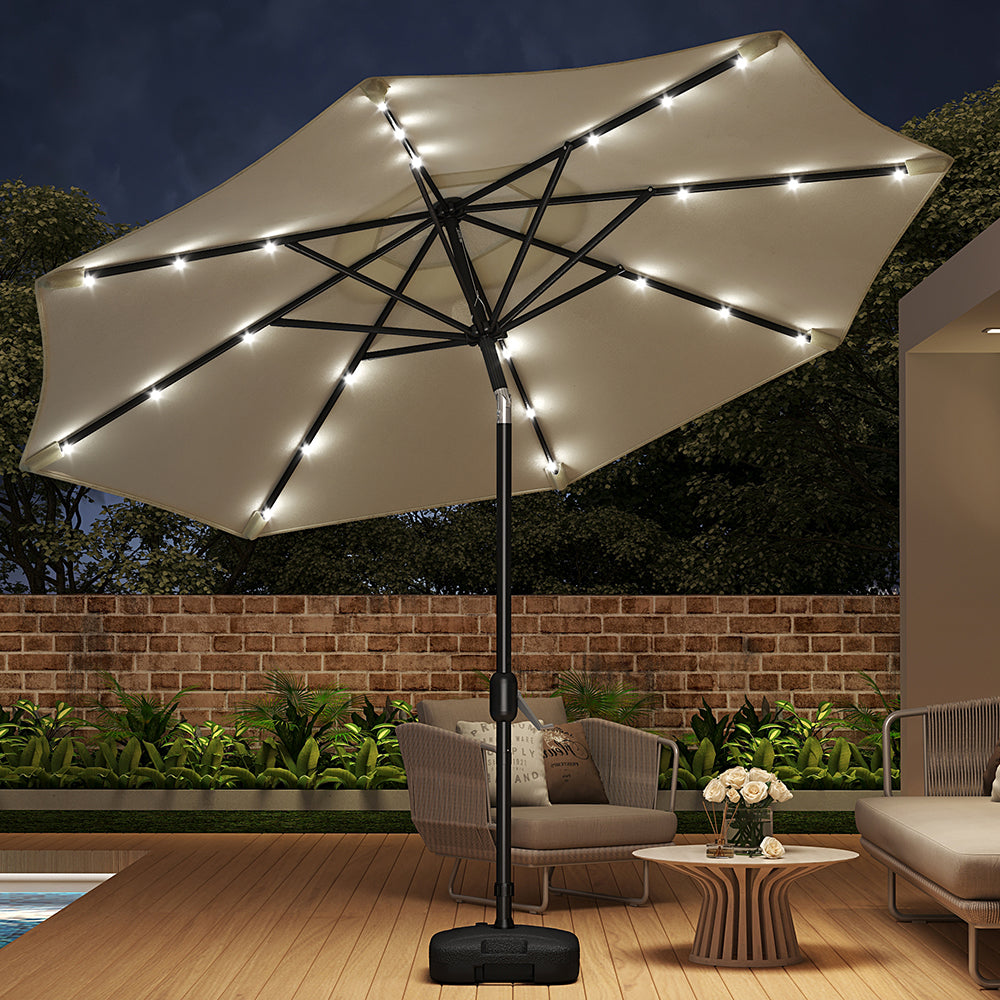 3m Outdoor Patio Parasol – Solar-powered Umbrella With 24 Led Lights, Tilt & Crank Handle, With Fillable Base | One Size | Beige