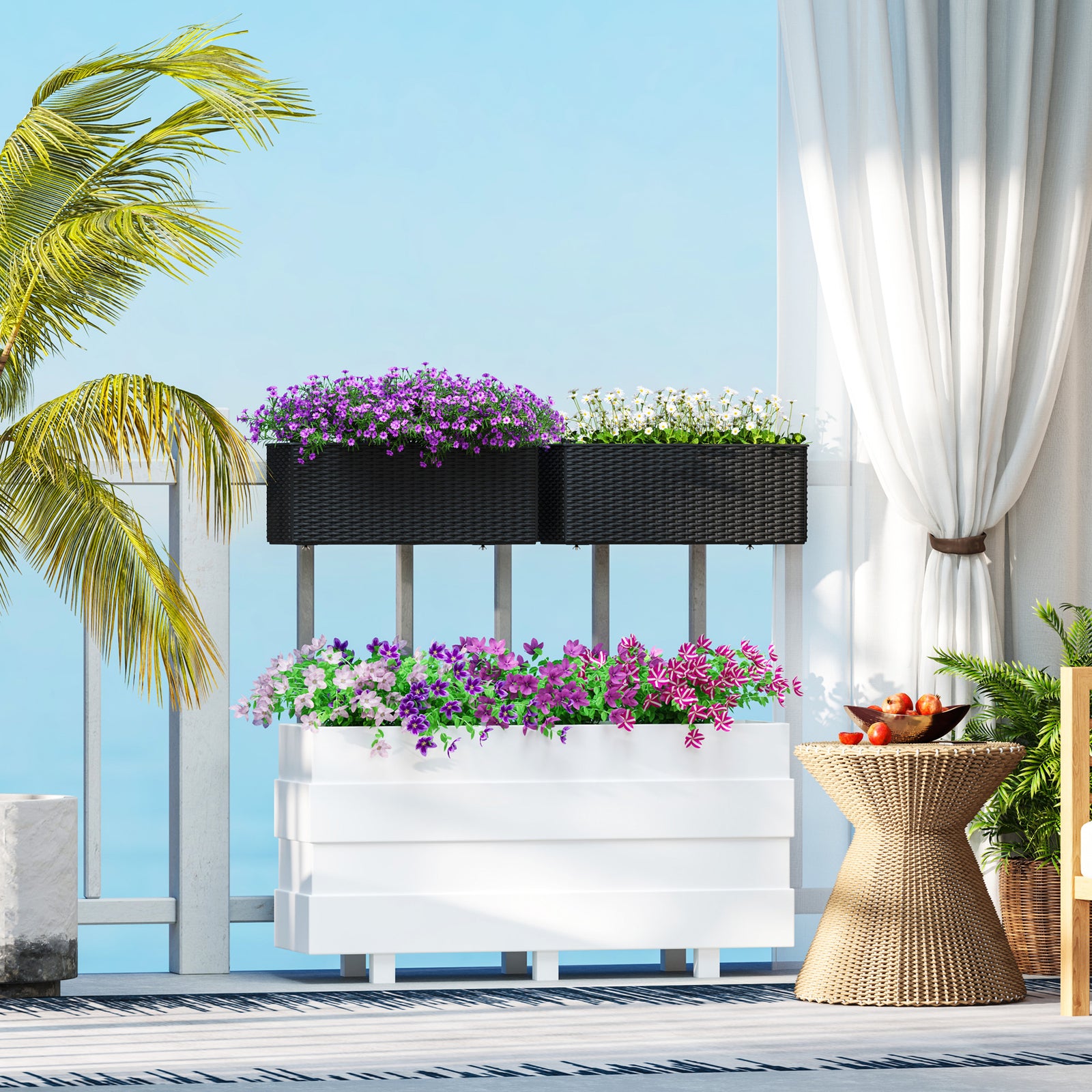 Set Of 2 Hanging Flower Boxes, 50 Cm Long, Rattan Look | Black