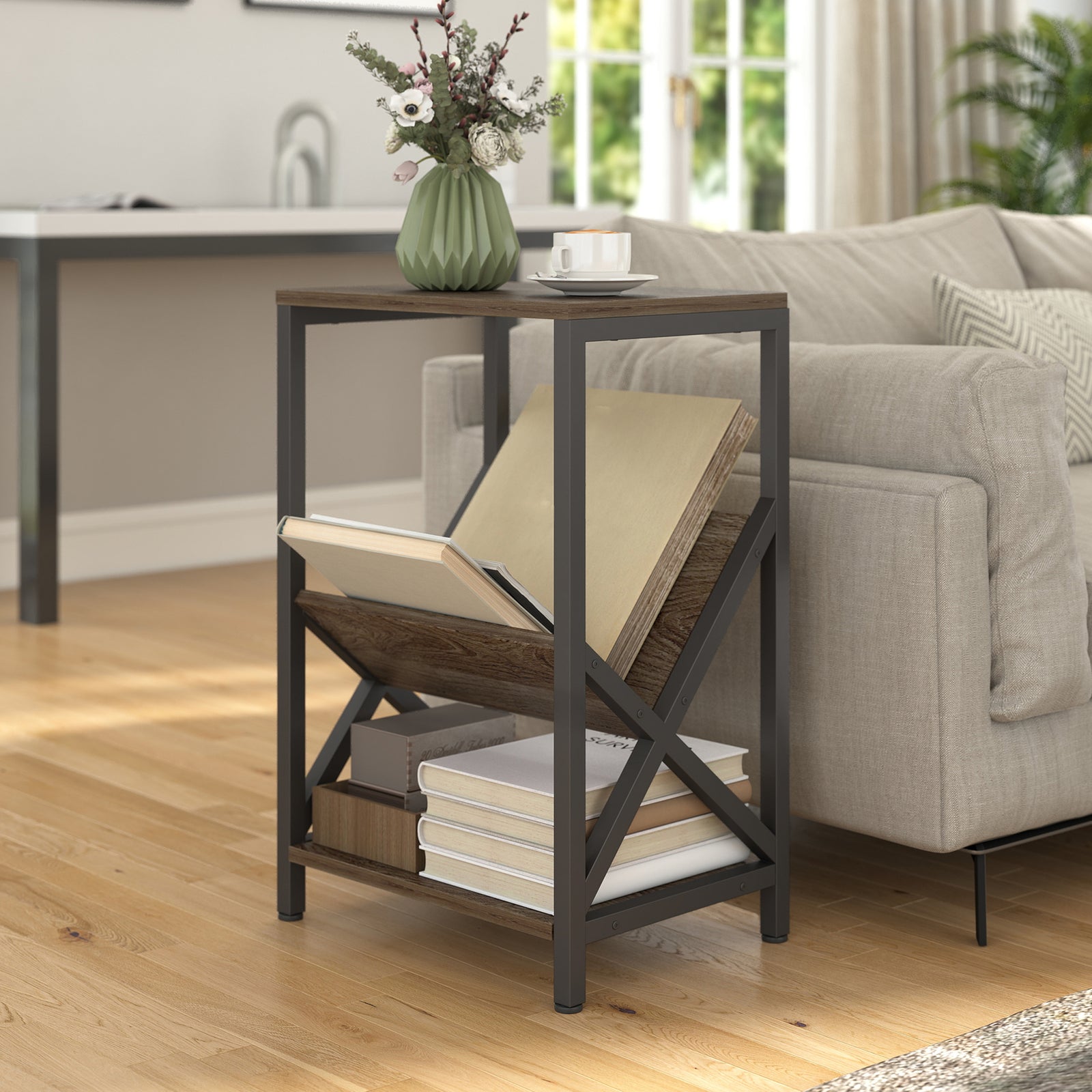 HOMCOM Narrow Side Table, Slim with 3-Tier Storage, 40 x 30 x 61 cm, Oak
