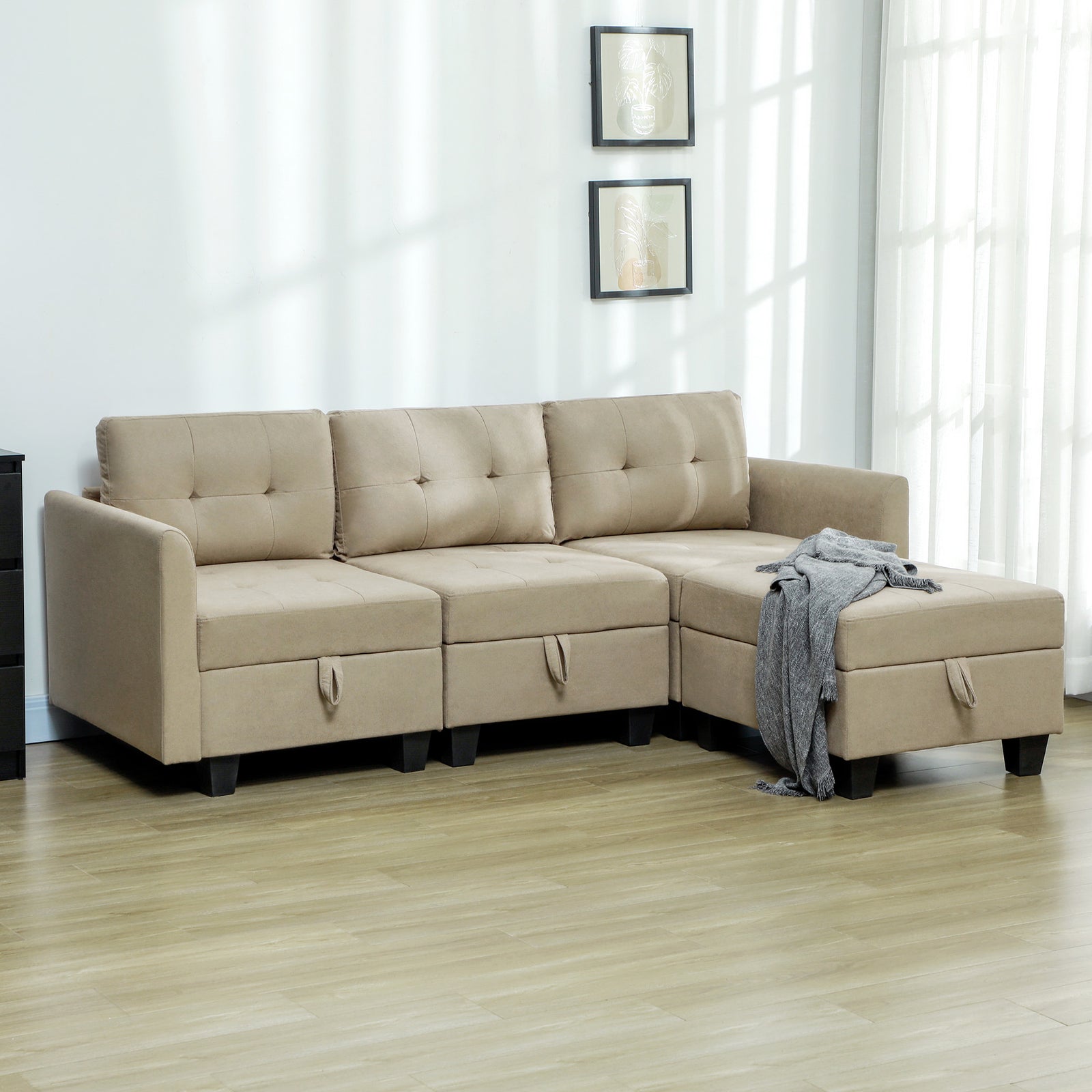 Convertible Modular Sectional Sofa With Storage Wood Frame | Large | Brown