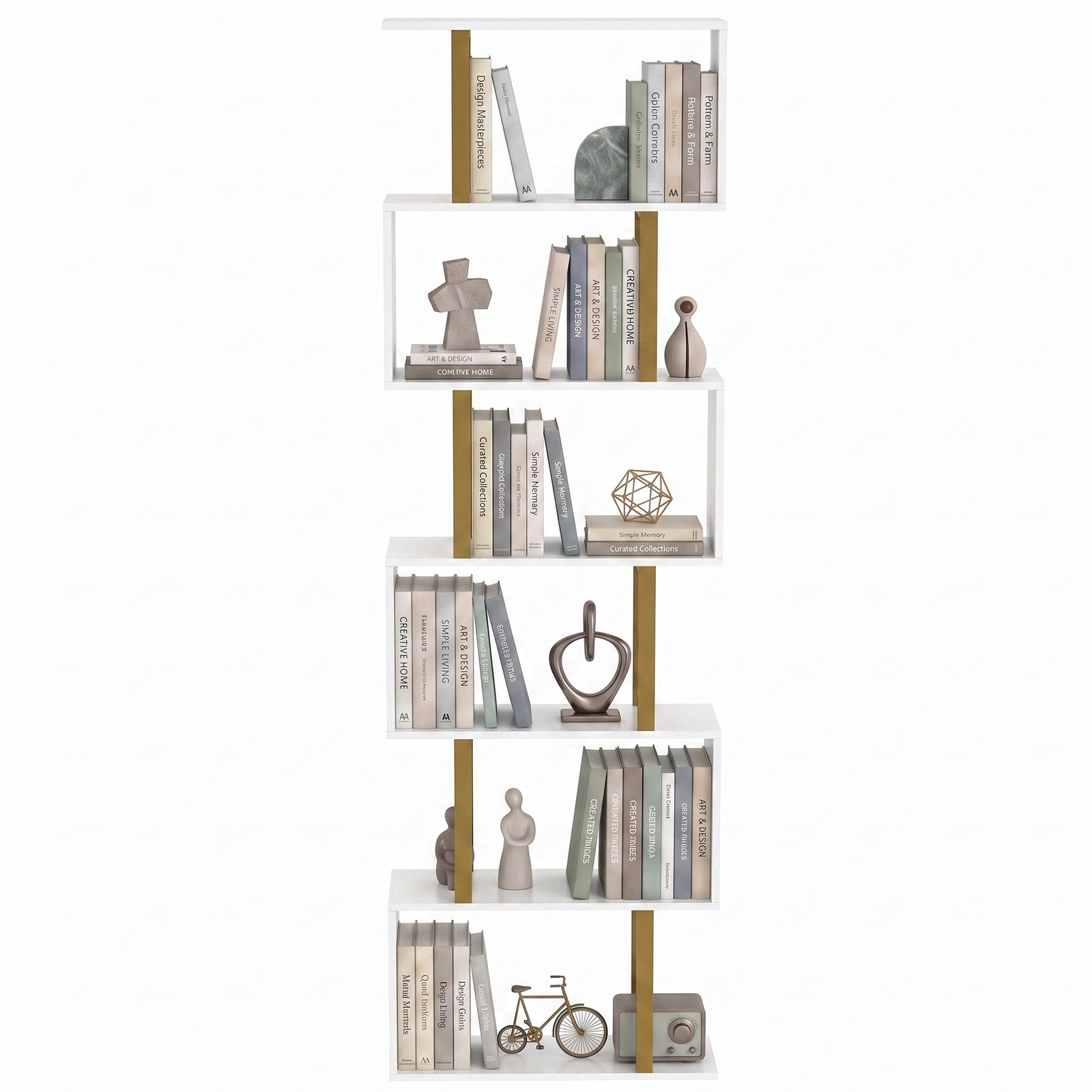 S-shaped Bookshelf, 6-tier Bookcase With Anti-tip Strap | White