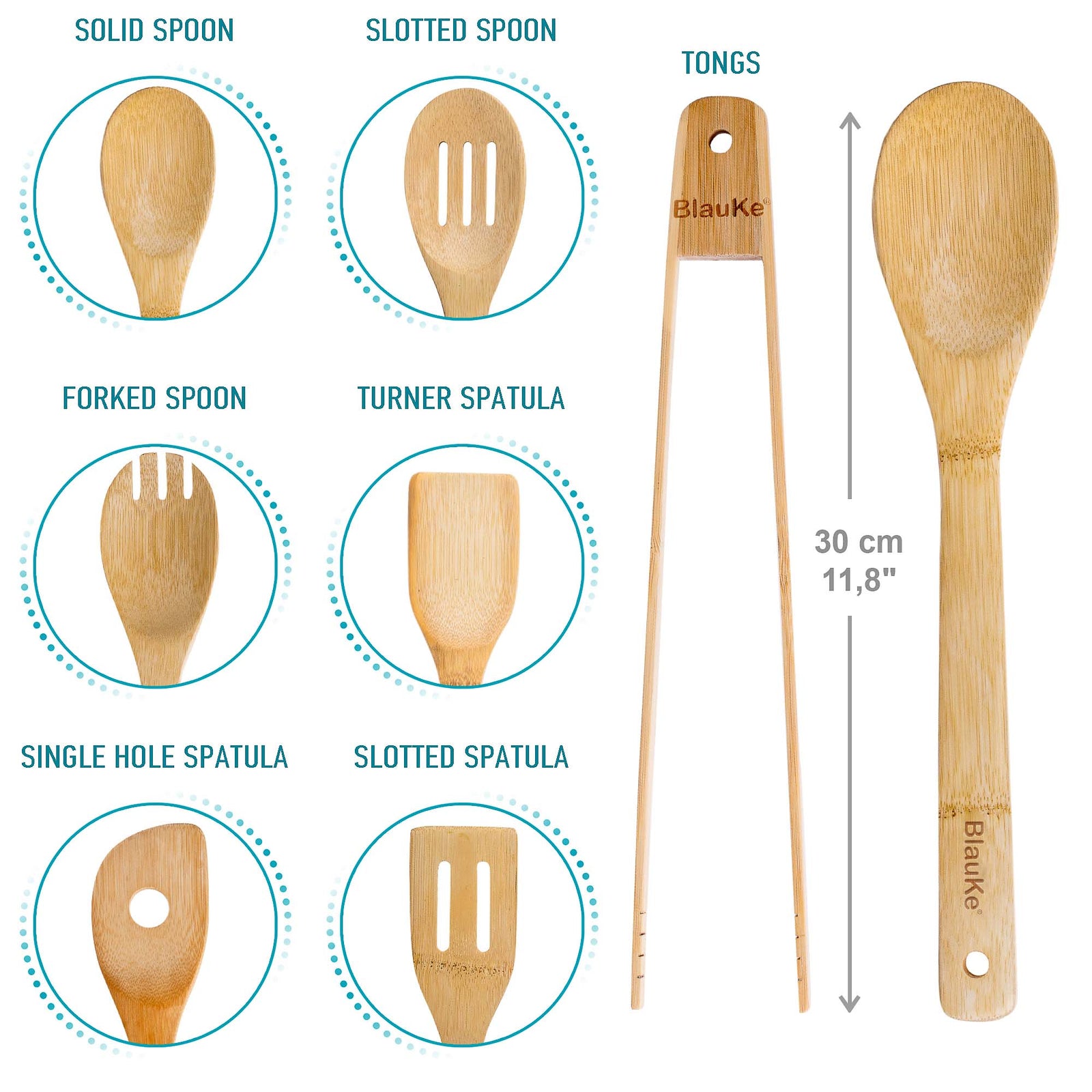 BlauKe Wooden Kitchen Utensils Set Of 7 - Bamboo Cooking Utensils For Non-stick Cookware - Wooden Spatulas, Wooden Spoons, Tongs