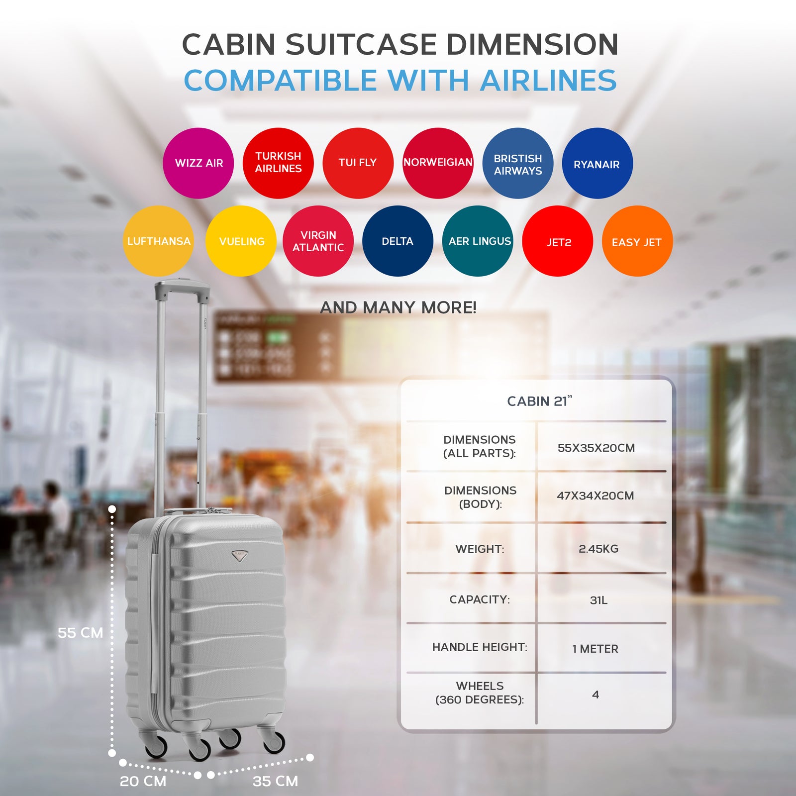 55x35x20cm Lightweight 4 Wheel Cabin Carry On Suitcase Overhead Case Approved For 100+ Airlines With Integrated Tsa Lock | 55 x 35 x 20cm | Silver