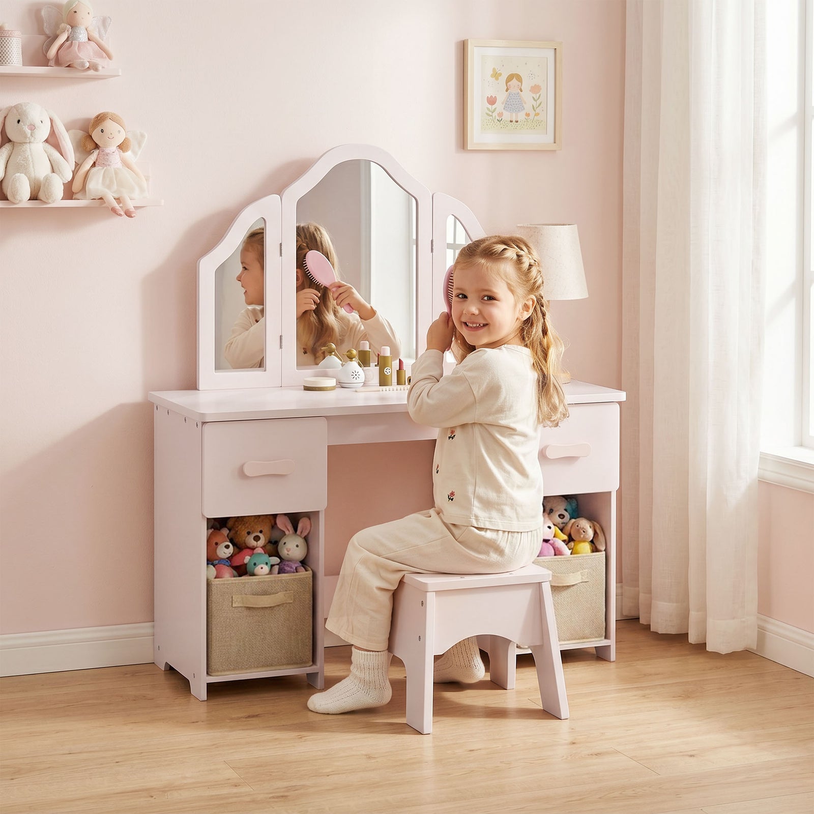 AIYAPLAY Kids Vanity Table And Chair Set With Tri-folding Mirror For 3+