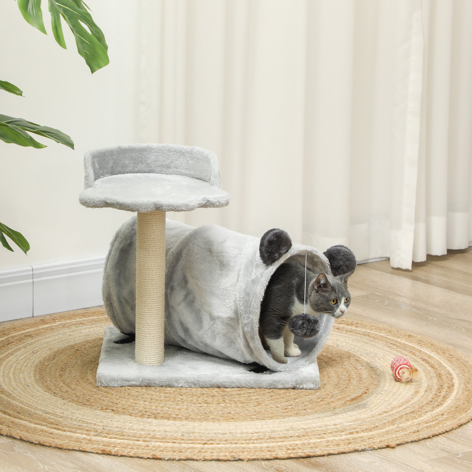Cat Tree W/ Scratching Post, Bed, Cat Tunnel, Toy Ball | Gray