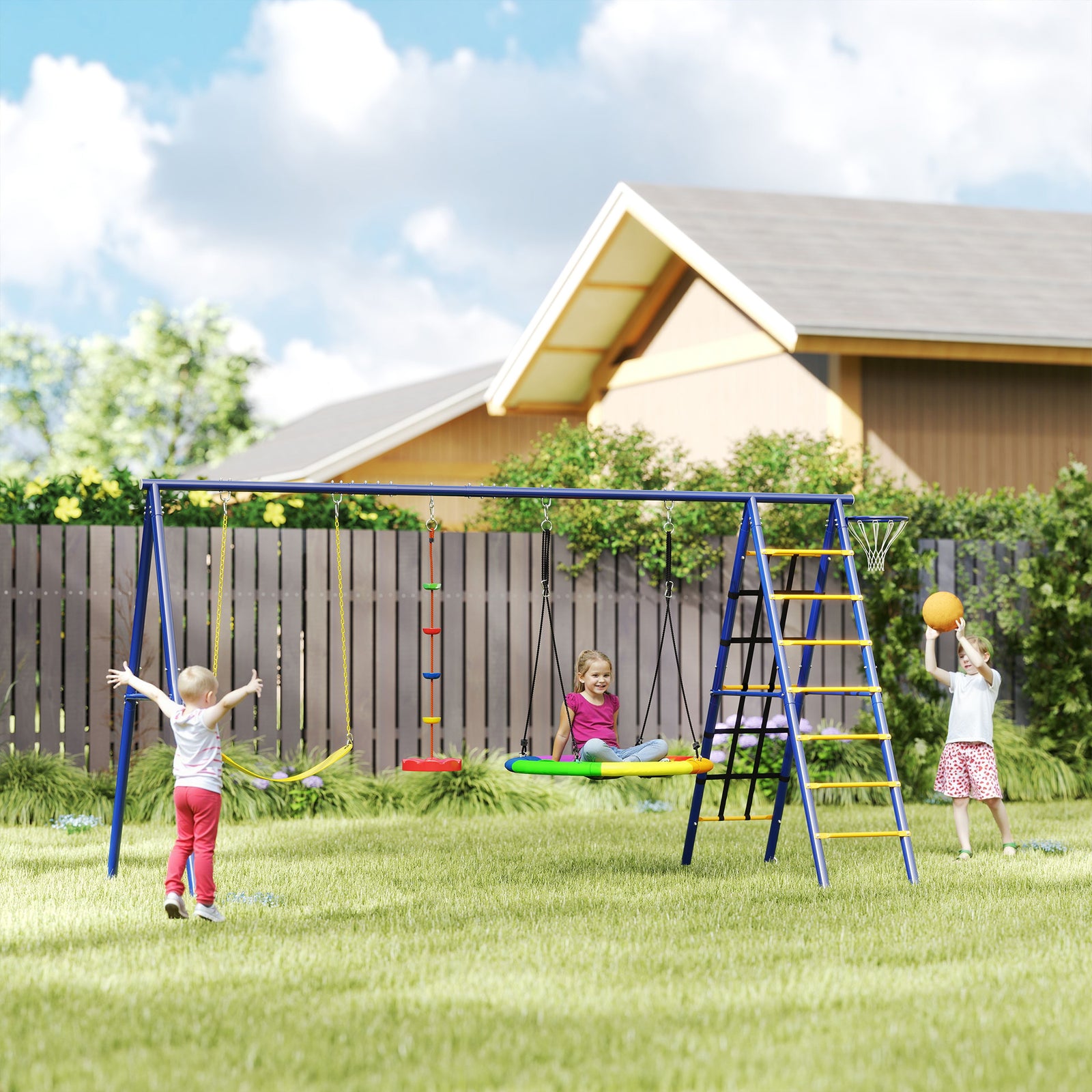 6 In 1 Kids Swing Set With 3 Swings, Basketball Hoop, Climbing Ladder & Net