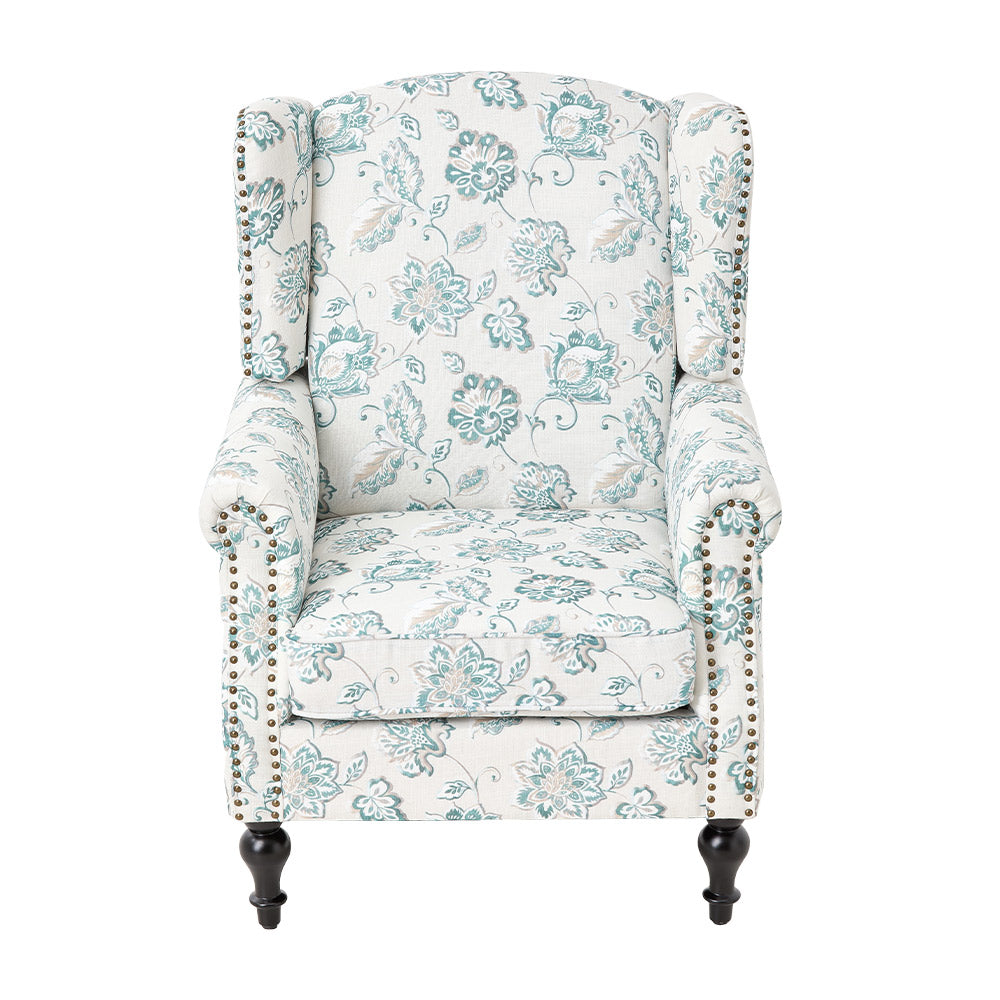 Floral Velvet Linen Wingback Armchair With Nailhead Trim