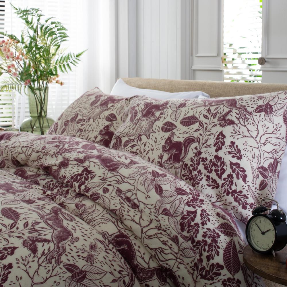 Hidden Forest Mulberry 100% Cotton Brushed Duvet Cover Set | King | Red