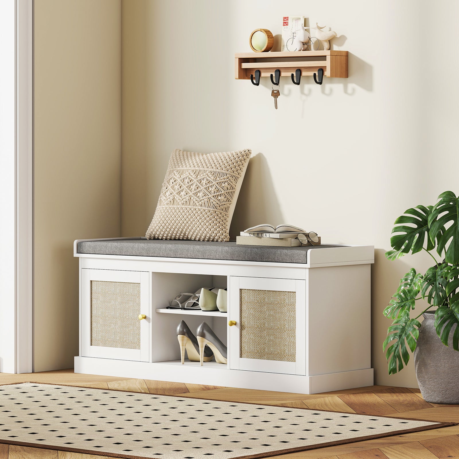 Shoe Bench, Boho Shoe Storage Bench With Padded Cushion, White