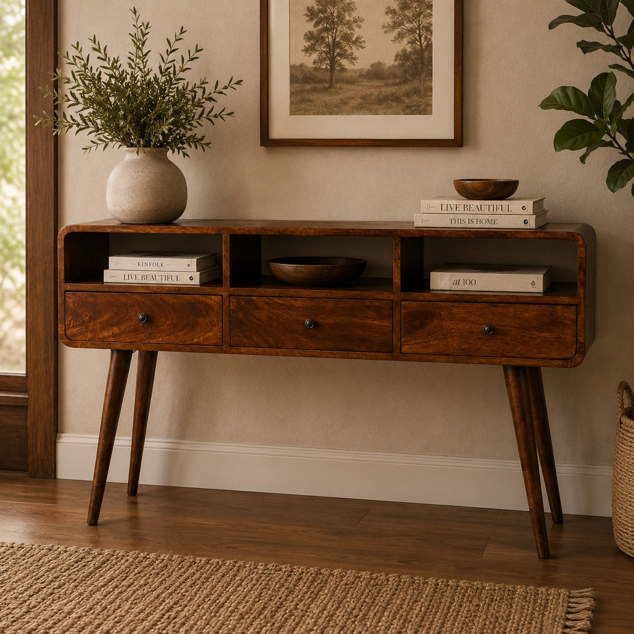 Artisan Furniture Solid Wood Triple Curved Chestnut Console Table
