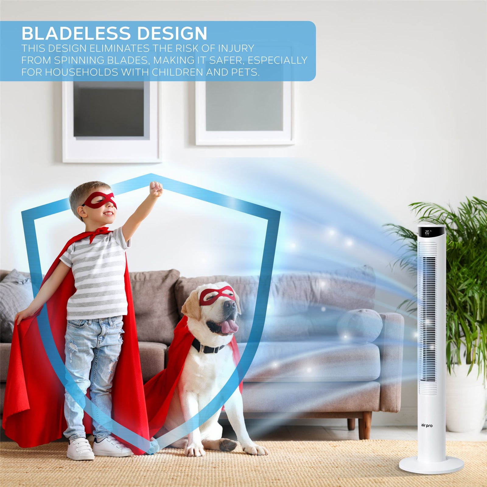 Smart Bladeless 46" Tower Fan 3 Speeds - Remote & Oscillation Feature | White
