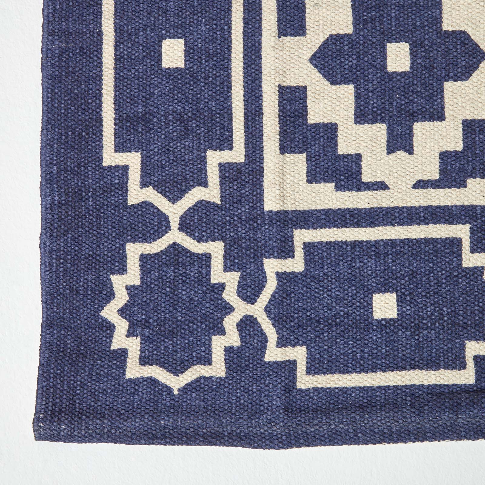 Halmstad Blue And White Scandi Style 100% Cotton Printed Rug | 150cm x 220cm | Navy Blue