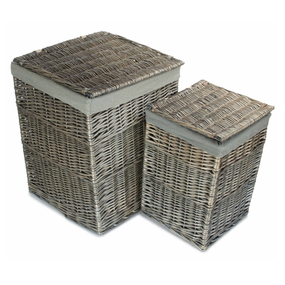 Antique Wash Square Laundry Basket With Grey Sage Lining | Set-of-2