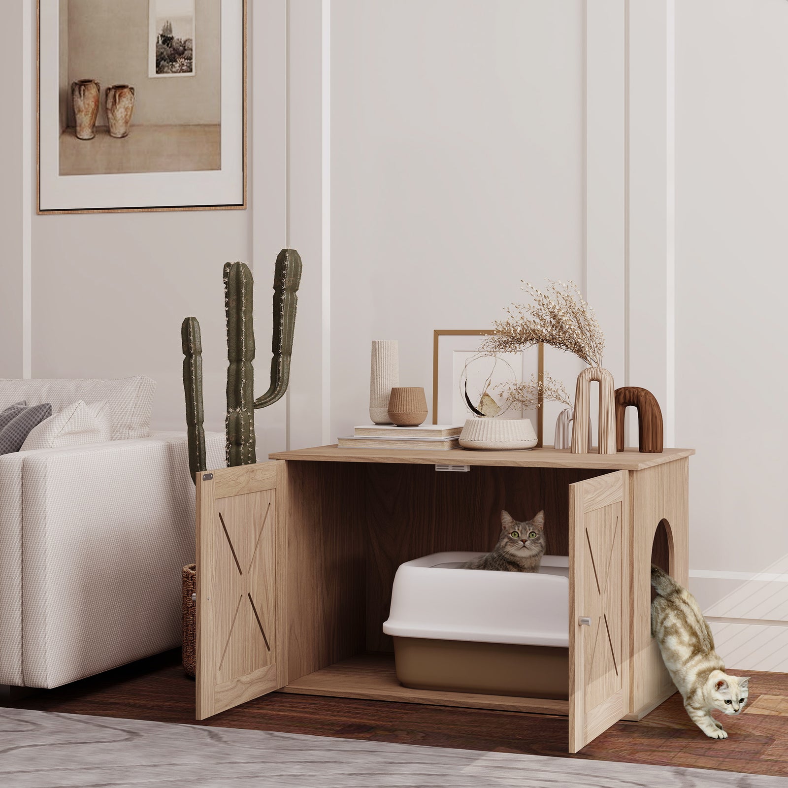 Cat Litter Box Enclosure, Litter Box Furniture With Doors And Hole, Walnut Brown