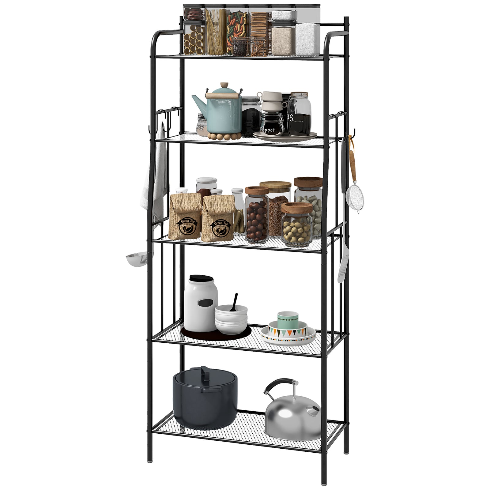 5 Tier Microwave Stand, Coffee Station, Shelves, 4 Hooks